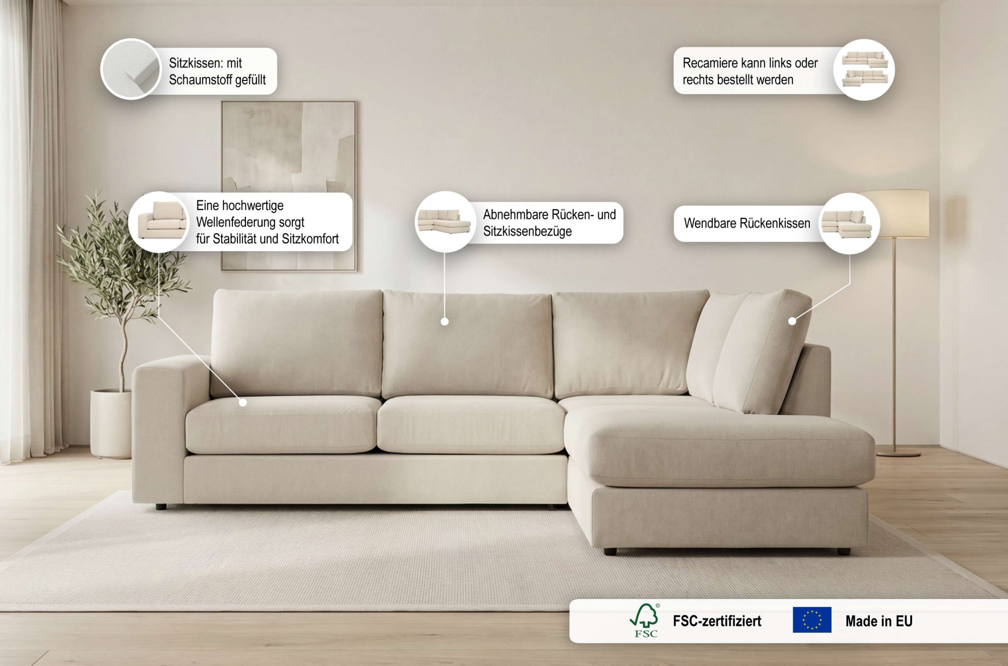 GOODproduct Canapé d'angle »Nivette, weiches Chenille« Breite 292 cm, L-Form, bodentief, mit Wellenunterfederung
