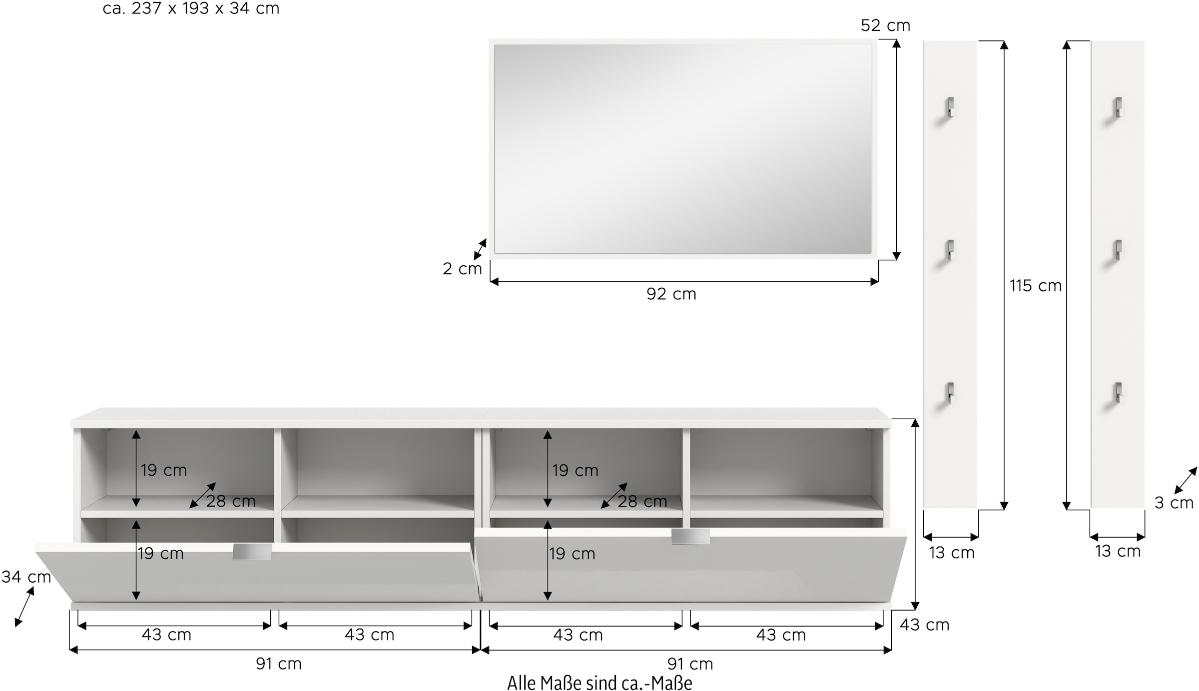 INOSIGN Garderoben-Set »Trondheim Garderobenset 4-tlg., Breite 237 cm,«, (4 St.), hochglanz, best. aus: Spiegel, 2er Set Paneele, Kommoden, Flur