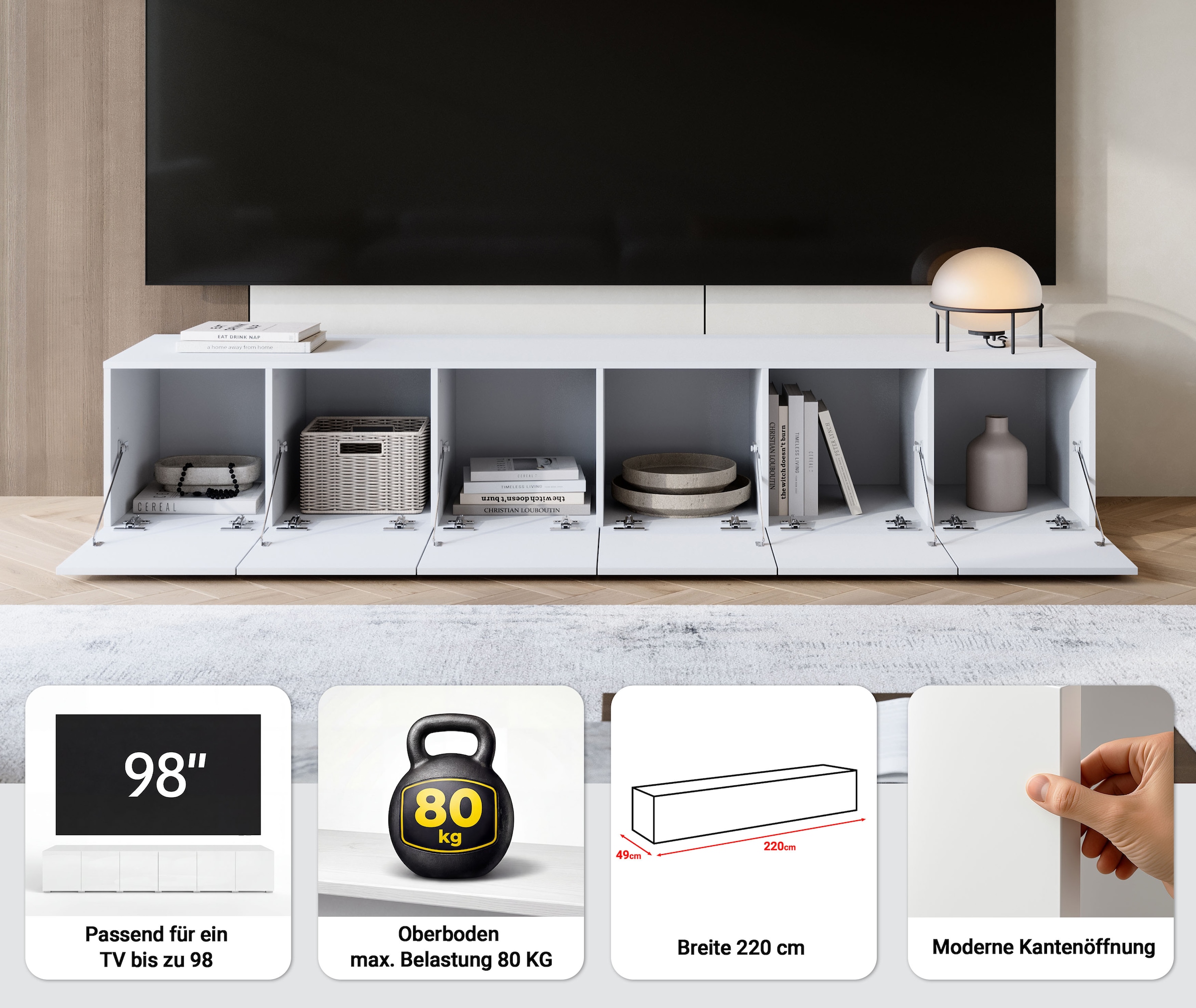 GOODproduct Table basse »Denver Erlebe die Weltmeisterschaft im XXL-Format« 1 cuis tlg. Elegantes TV-Möbel 220 cm, speziell für bis zu 98-Zoll Fernseher