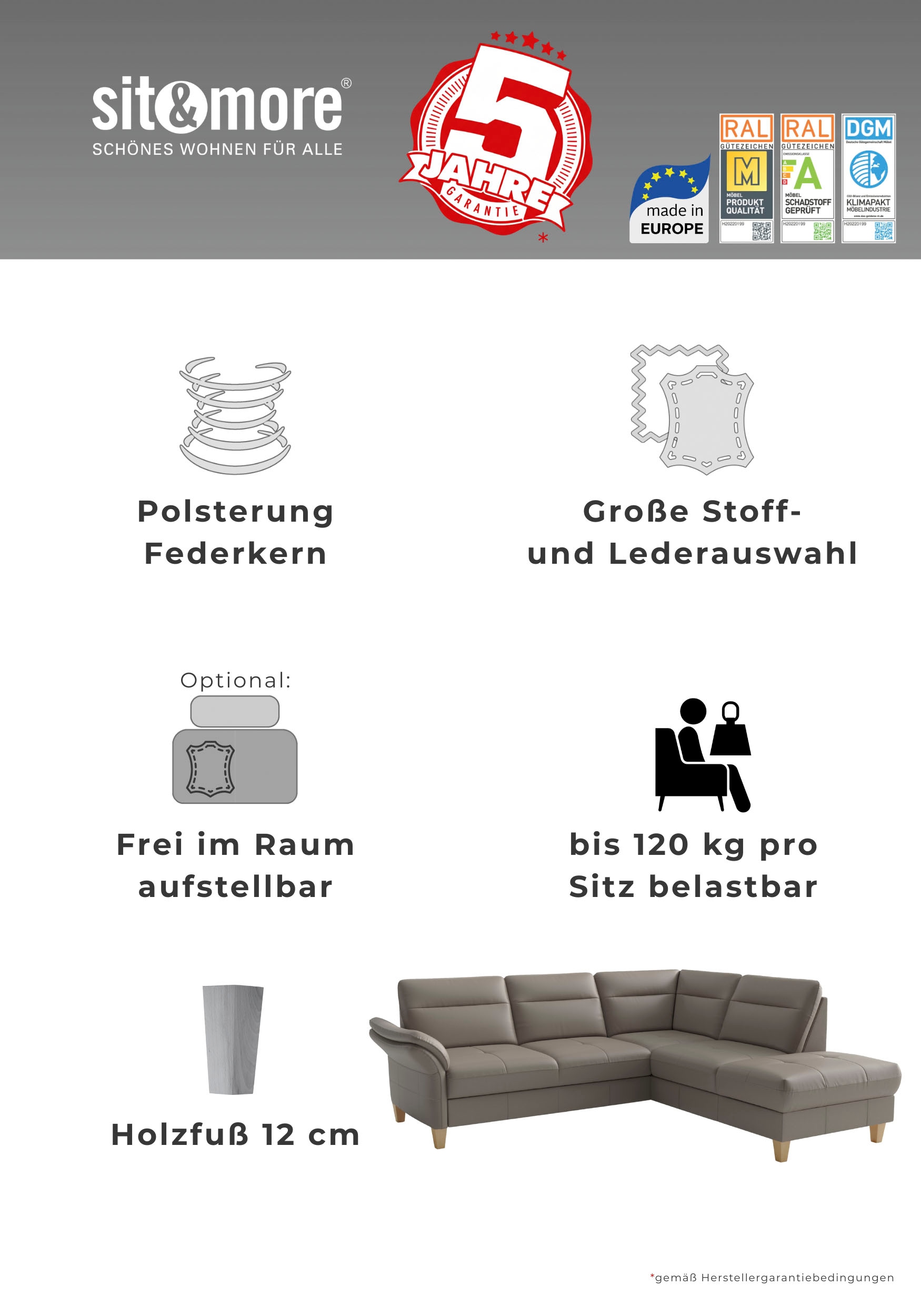 sit&more Ecksofa »Pamela L-Form, Leder, B: 218 und 230 cm« optional Armteilverstellung, Bettfunktion & Bettkasten
