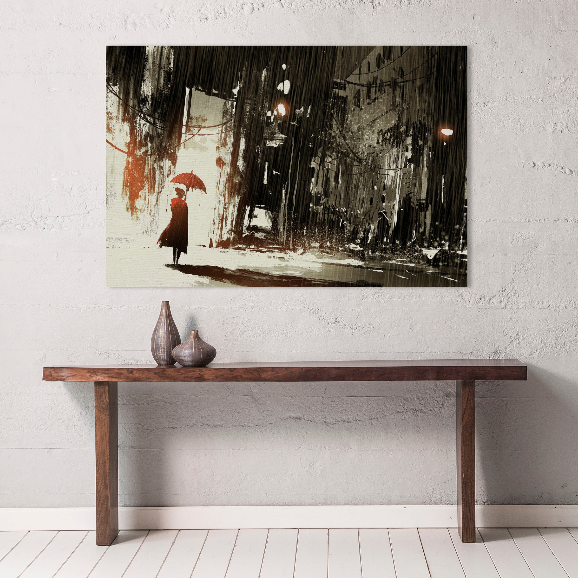 queence Tableau sur toile »Frau im Regen« Premium-Leinwandstoff, Handarbeit aus Deutschland