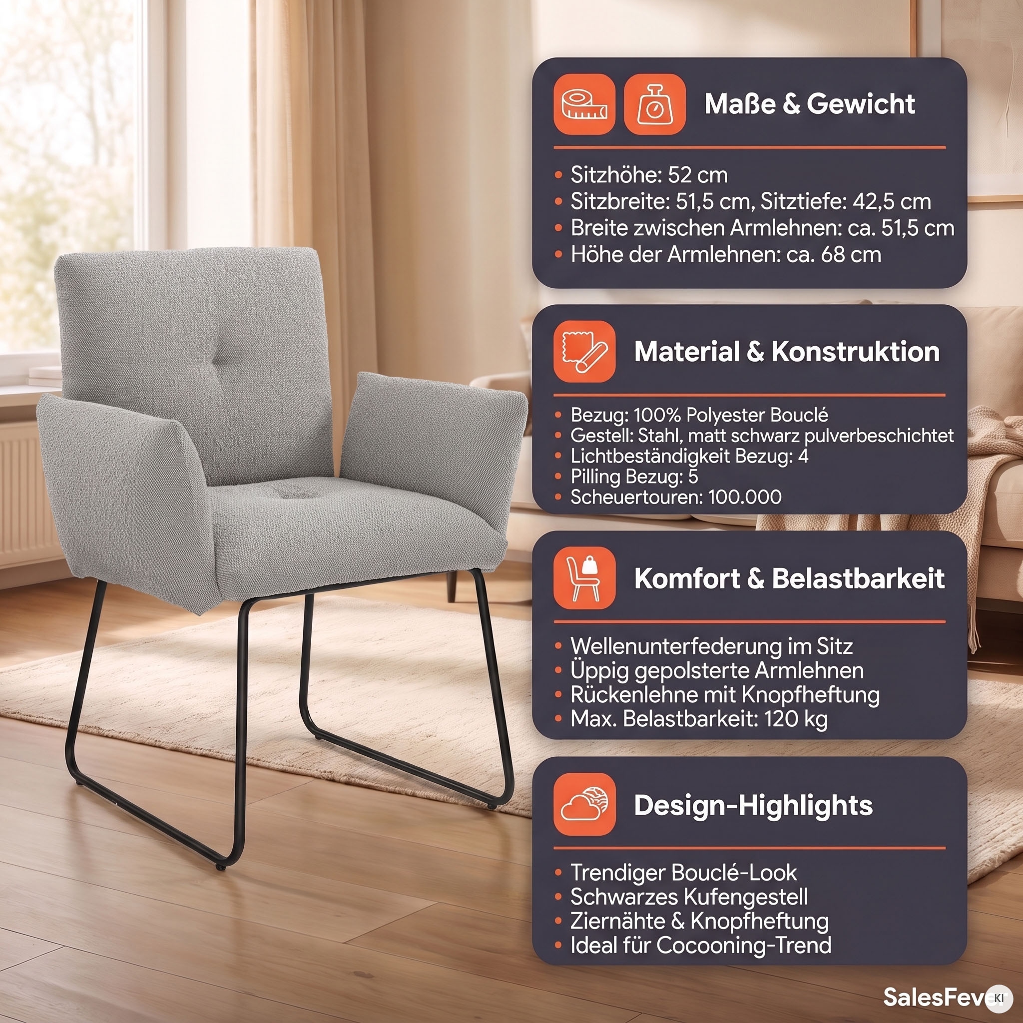 SalesFever Chaise avec accoudoirs »Komfortabler Esszimmerstuhl mit Stil« () avec suspension à ressort ondulé