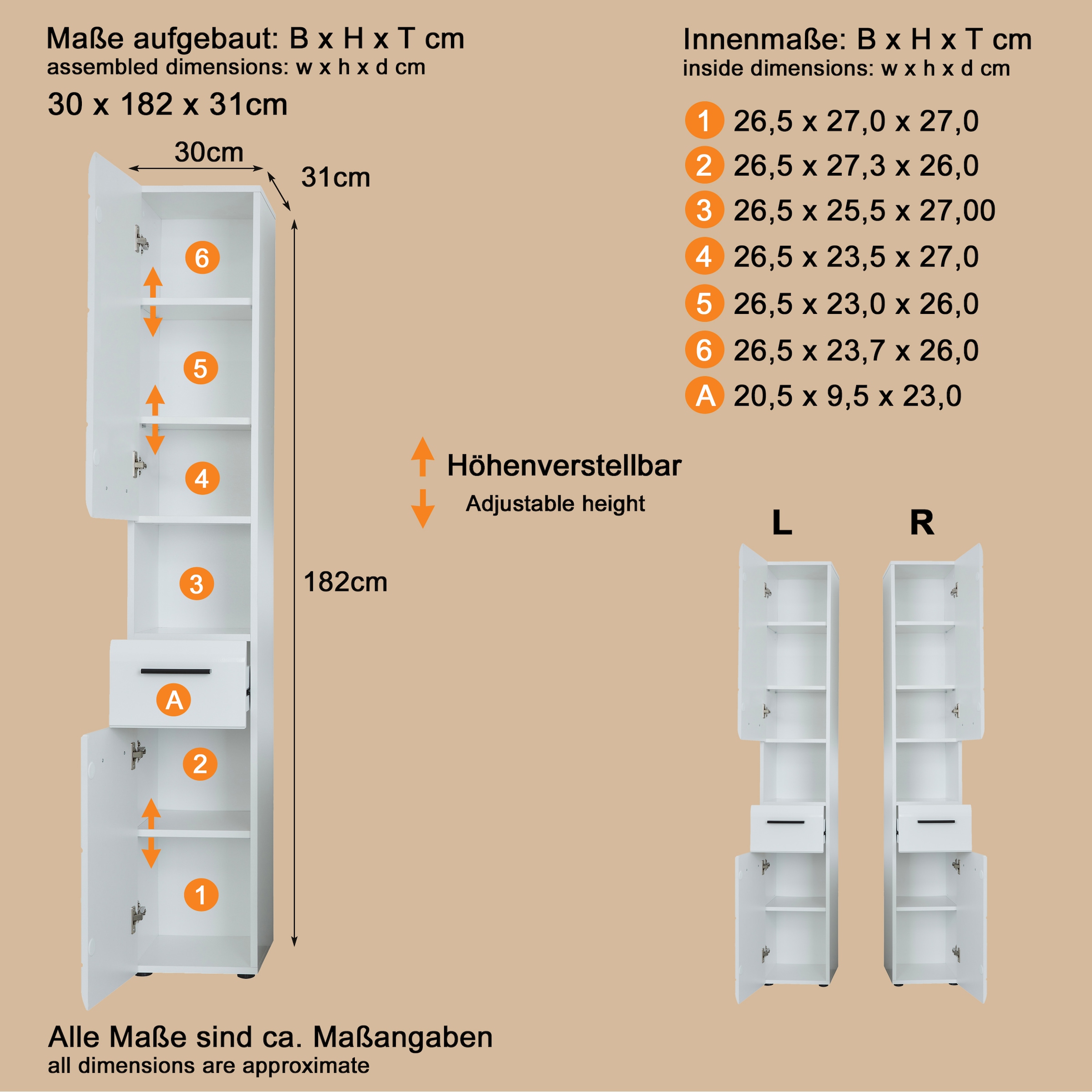 welltime Hochschrank »Sovana« Badschrank mit einer Schublade und 5 Fächern - (B/T/H) 30/31/182 cm