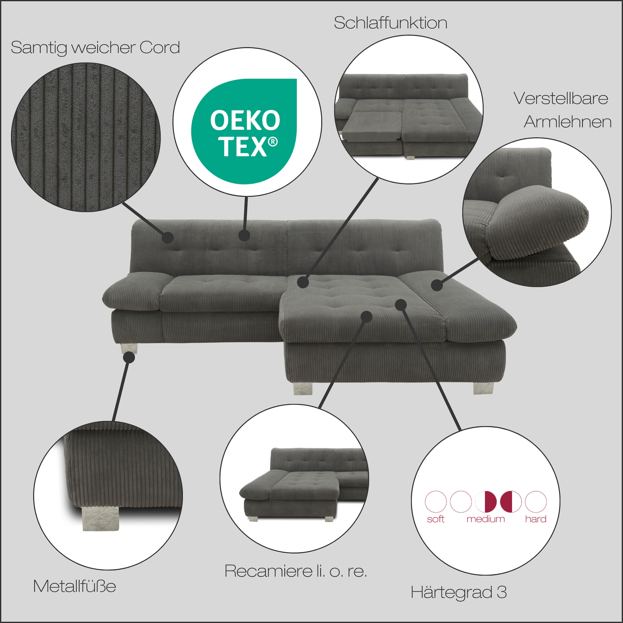 DOMO collection Ecksofa »100031 kompakte Stellmasse, komfortabel und bequem, L-Form«, wahlweise mit Bettfunktion und Armteilverstellung. Breite 234cm