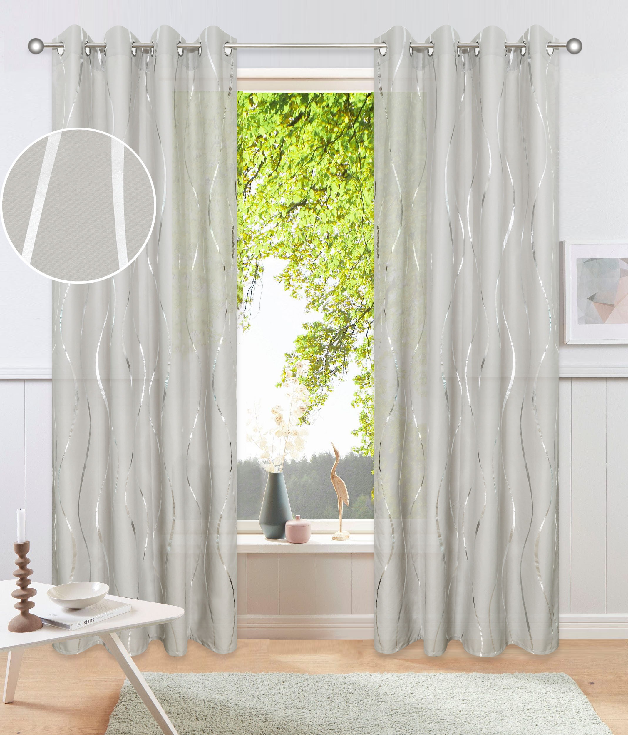 Image of GOODproduct Gardine "Quinnton, 2 Stück halbetransparent, Wellenmuster" Ösen 2 Stk. tlg. Metallic-Akzente, Gardine, mittelleichter Stoff, halbtransparent