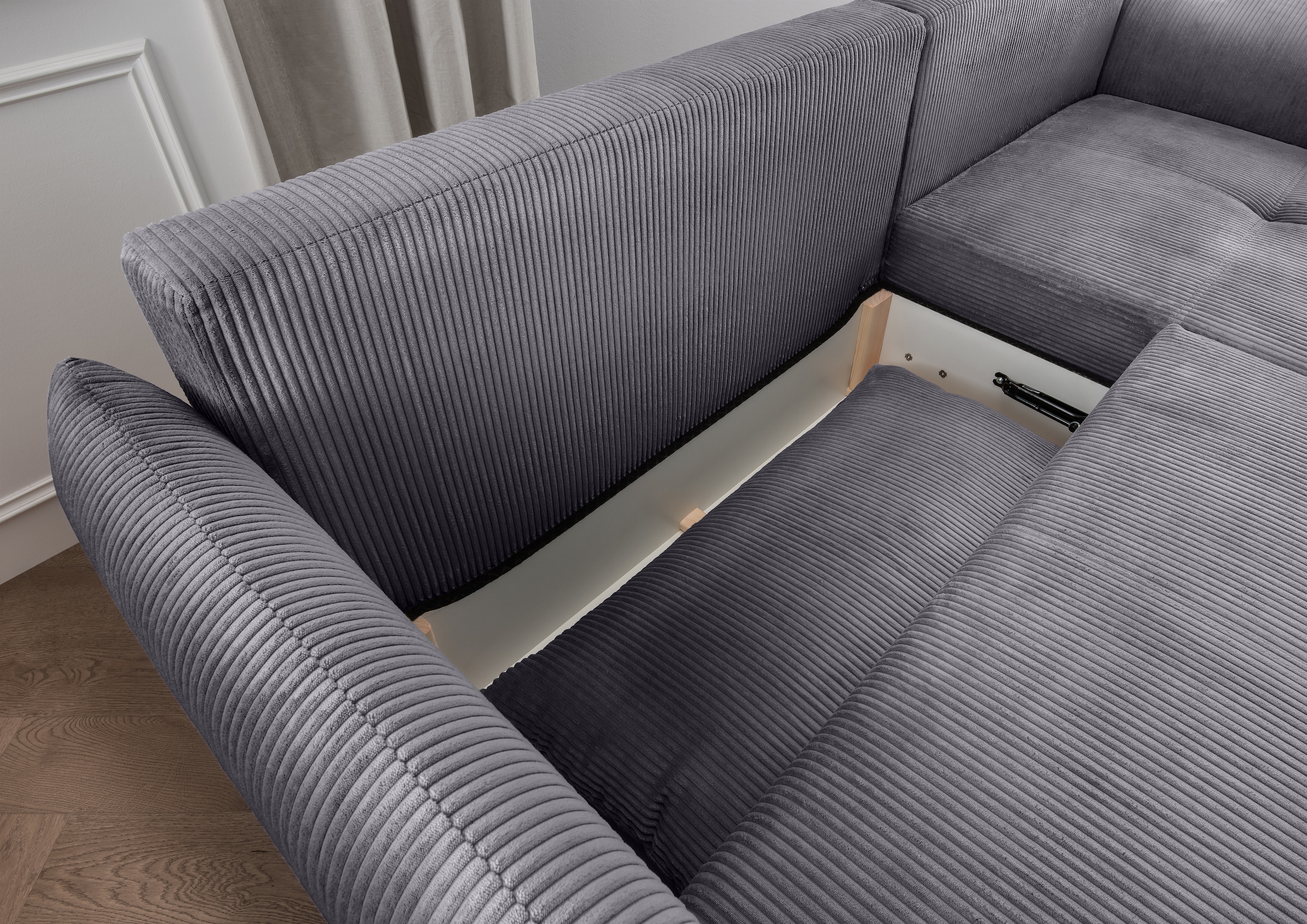 INOSIGN Ecksofa »Mara, L-Form, aktueller Cord Bezug und tolle Farben, schmale Armlehnen«, whlw. mit Bettfunktion,Recamiere links/rechts montierbar, Breite 238cm