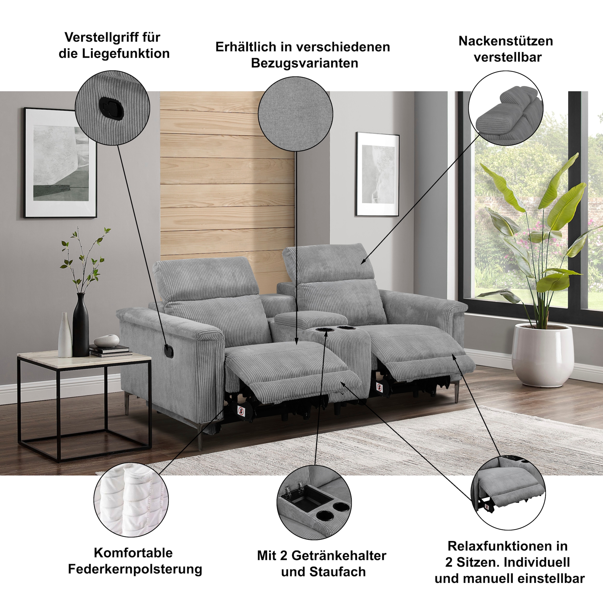 Home affaire 2-Sitzer »Lund, 2er-Kinosofa, TV-Sessel, Multimedia-Sofa, USB-A,« m. elektrischer o. manueller Relaxfunktion, Getränkehalter u. Staufach