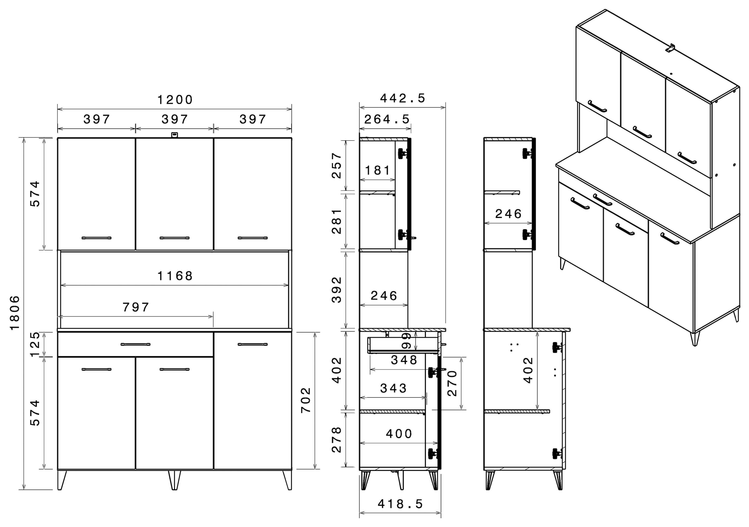 Parisot Schrank-Set »Parisot Malice 2«, (2 St., Buffet und Beistellschrank auf Rollen), Beton Optik mit schwarzen Griffen/Füssen
