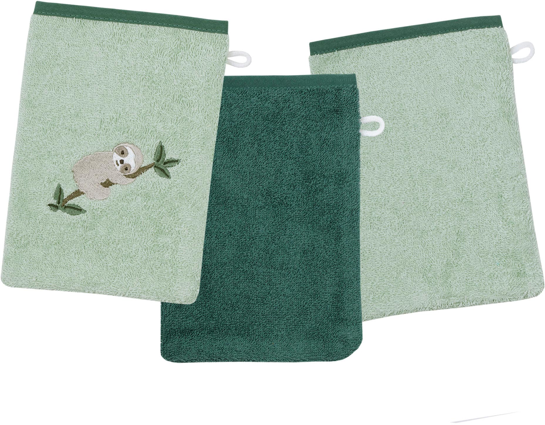 Image of Wörner Waschhandschuh "Faultier Waschhandschuh 3er Set" 1x mit Stickerei Faultier, 2x unifarben