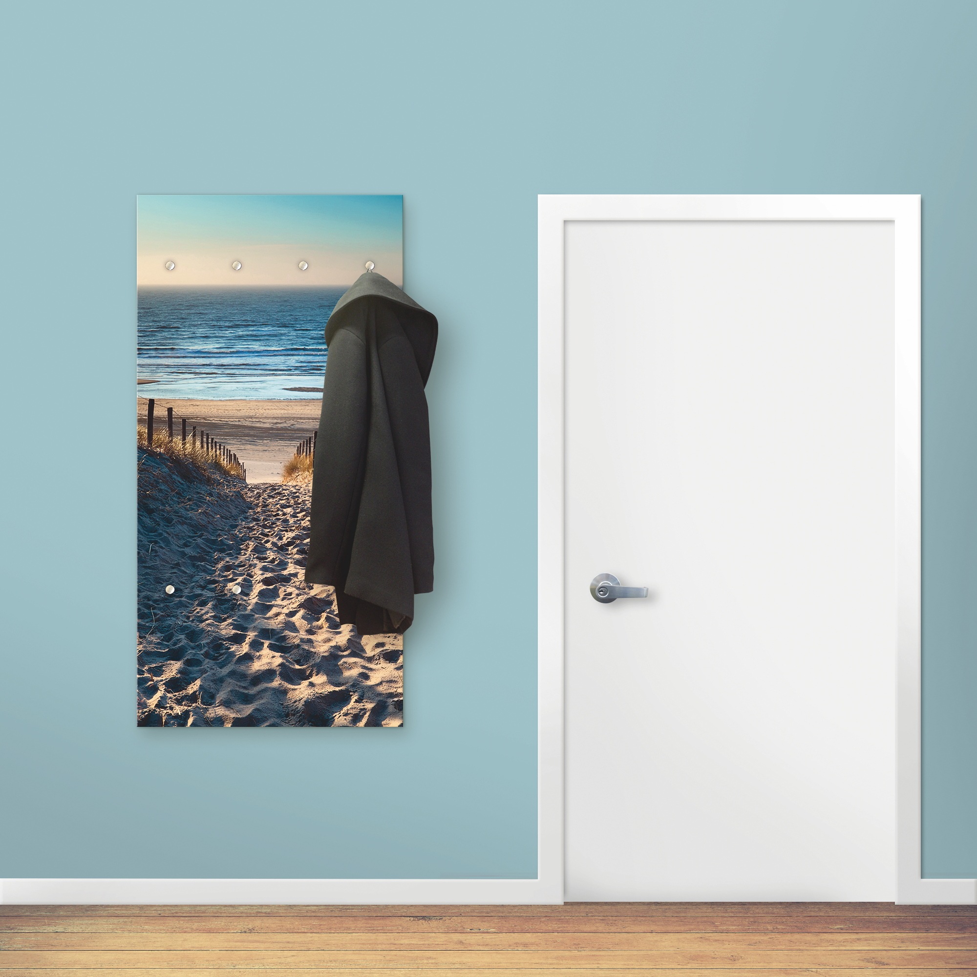 Image of Artland Garderobenleiste »Weg zum Nordseestrand Sonnenuntergang«, platzsparende Wandgarderobe aus Holz mit 6 Haken, geeignet für kleinen, schmalen Flur, Flurgarderobe bei Ackermann Versand Schweiz