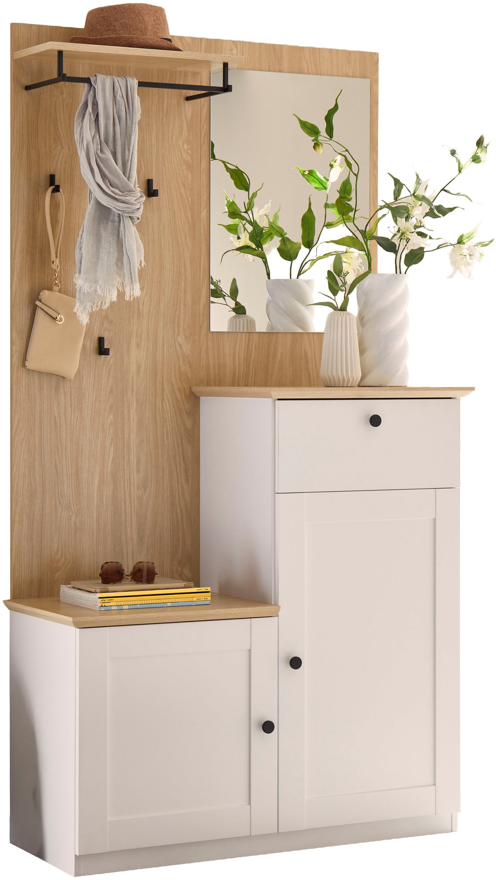 GOODproduct Kompaktgarderobe »Brest, Garderobe im Landhausstil, Flurgarderobe, Dielenschrank« schwarze Metallgriffe, viel Stauraum, für kleine Räume geeignet