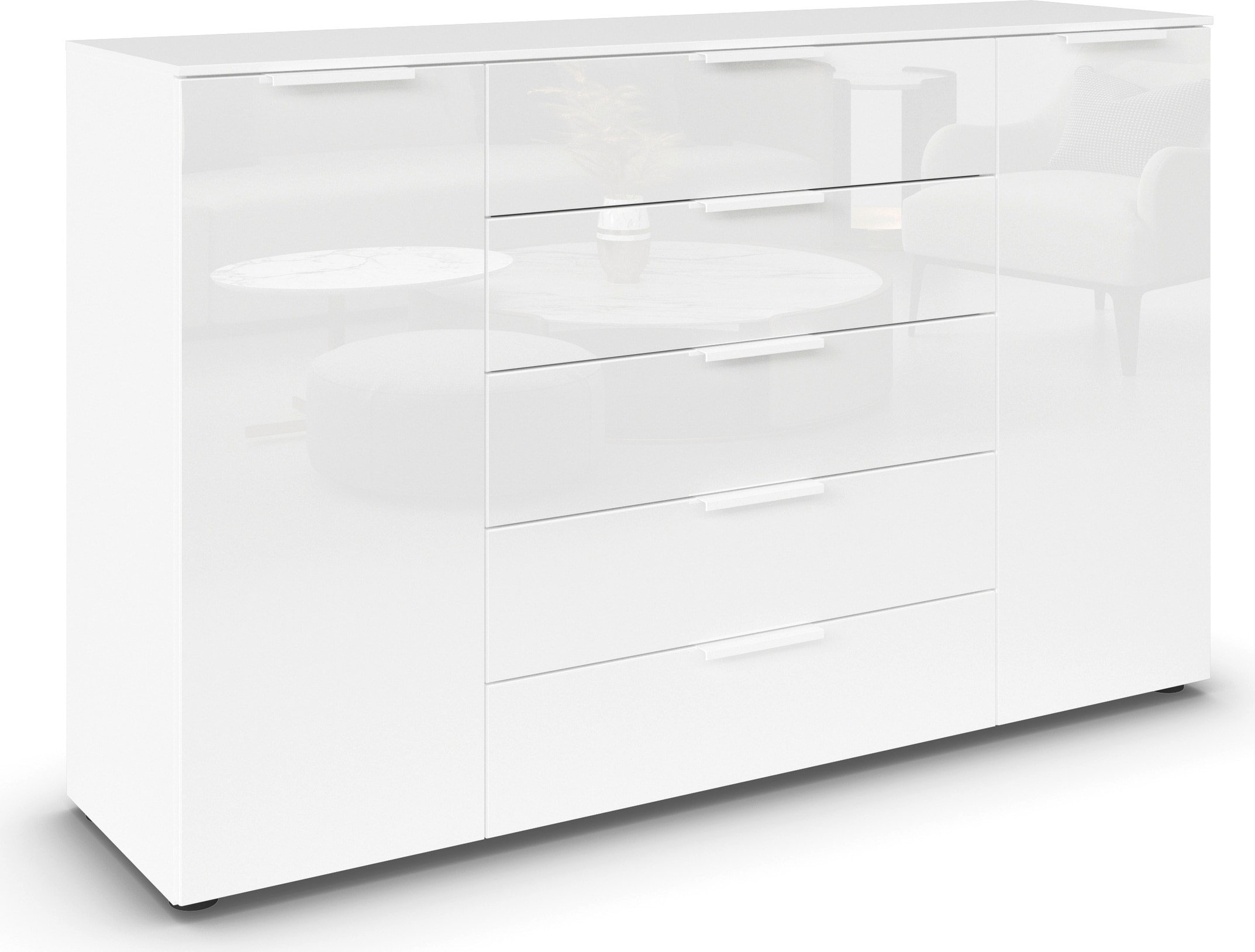 rauch Commode à tiroirs »Kommode Türkommode Sideboard Kombikommode FLIPP mit Glasfront« Largeur 160/180 cm avec 4 étagères,  2 portes avec 5 tiroirs et fermeture douce, 2 largeurs MADE IN GERMANY