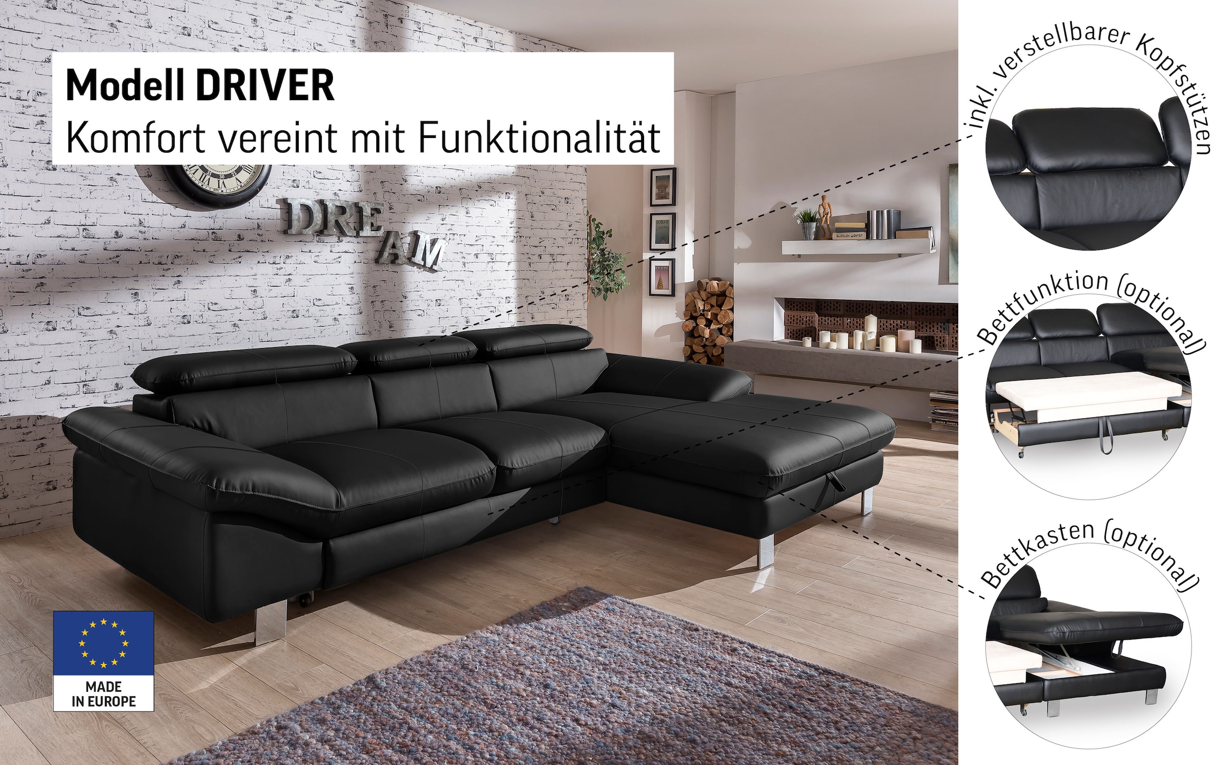 COTTA Ecksofa "Driver L-Form, B:268 cm, moderne Couch mit Wellenunterfederung" Kopfteilverstellung, optional Schlaffunktion & Bettkasten