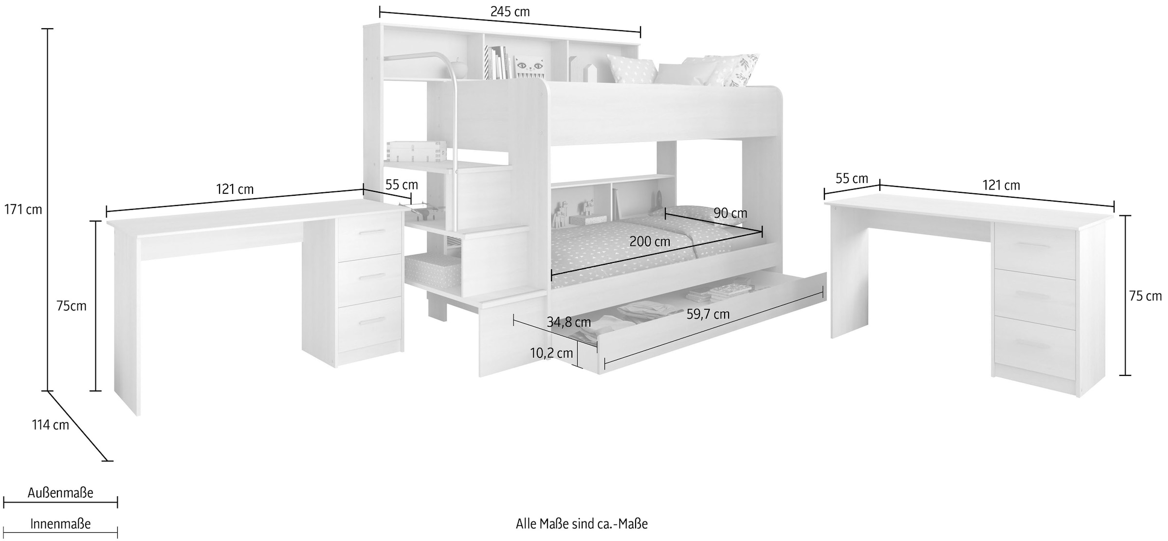 Parisot Jugendzimmer-Set »Bibop«, (3 tlg., Etagenbett, zwei Schreibtische), mit 2 Schreibtischen
