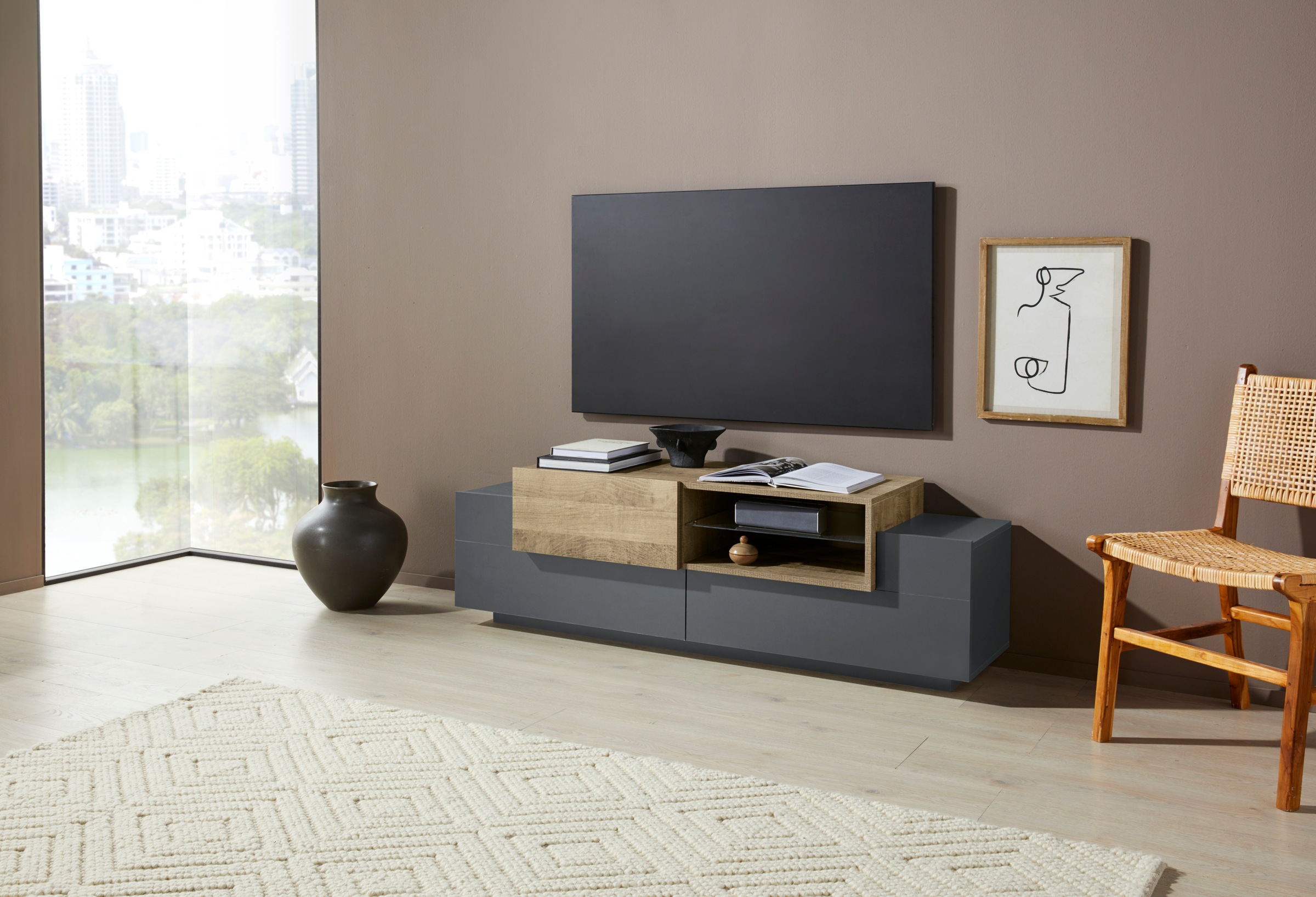 Image of Home affaire Lowboard "Coro,Lowboard,TV-Kommode,TV-Möbel,TV-Bank" mit 2 Klappen, 1 Tür, 1 Glasboden, Breite 160