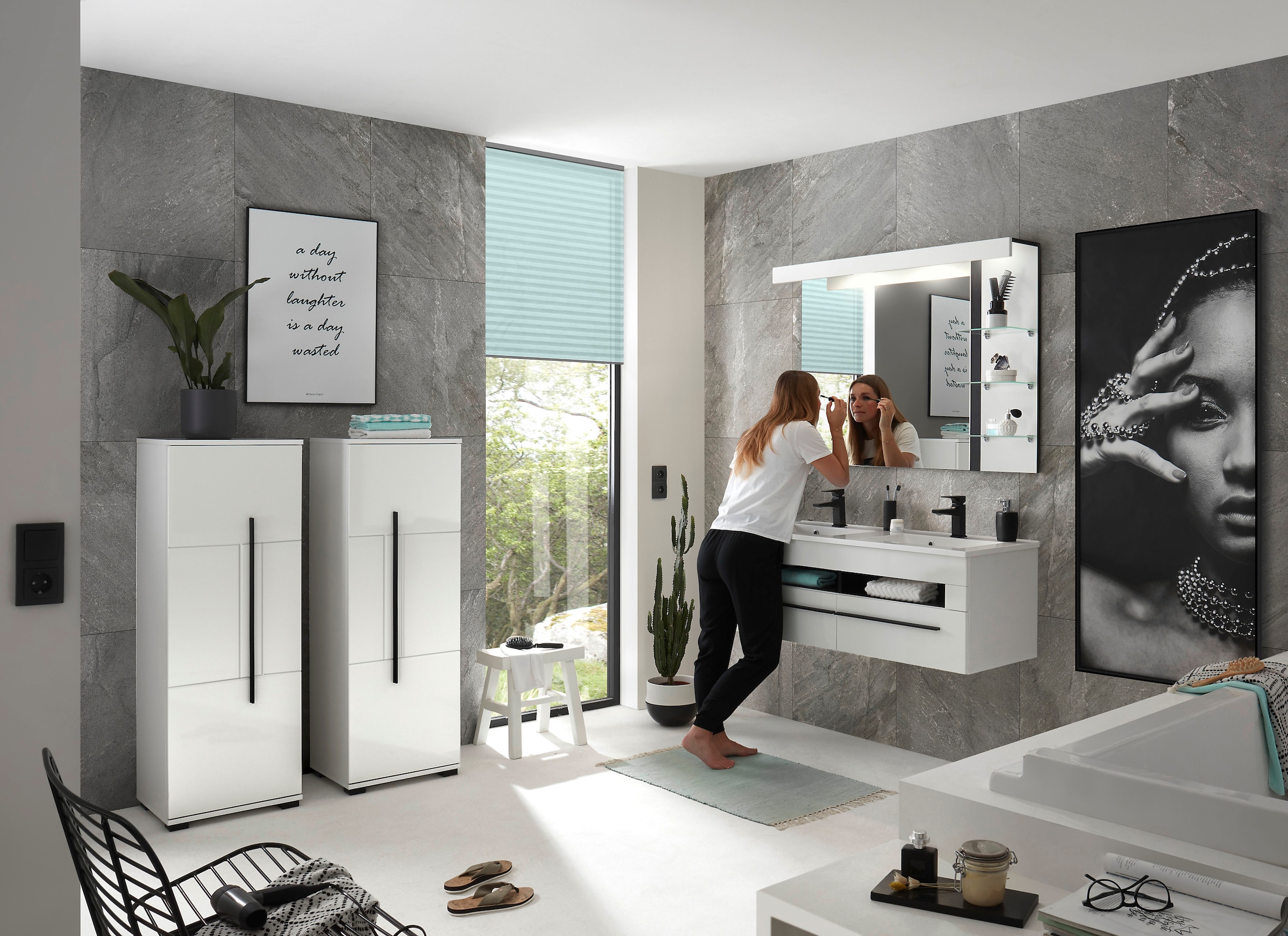 INOSIGN Badmöbel-Set »Cantara, Bad im modernen Design, 4-teiliges Badezimmer«, (Set, 4 St.), Waschtisch, Schränke und Spiegel, in Weiss Hochglanz, viel Stauraum