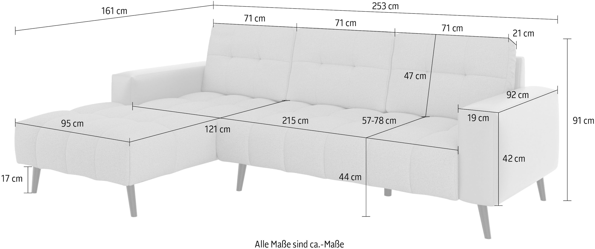 INOSIGN Ecksofa »SERINE mit Recamiere rechts/links bestellbar, Masse B/H/T 253/91/161 cm«, L-Form mit Wellenunterfederung, 3 Rückenkissen, ohne Bettfunktion
