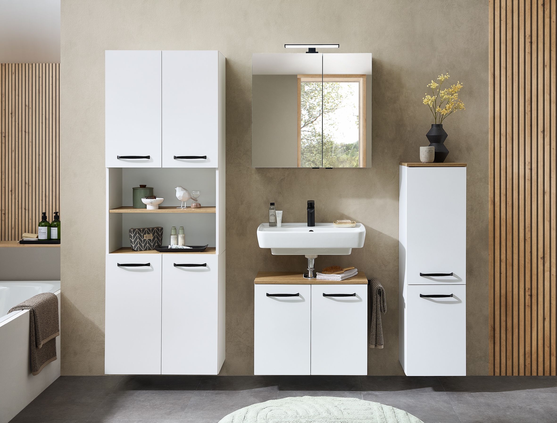 Saphir Armoire sous lavabo »Quickset 500, 2 Türen, Siphonausschnitt« Armoire sous lavabo avec amortisseur de porte, poignées noires