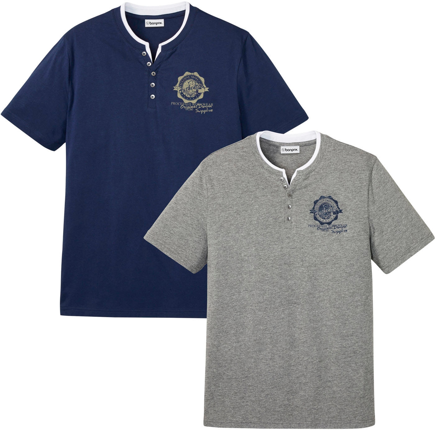 Image of bonprix Henleyshirt Packung, 2 Stk. Regular Fit, im Lagenlook, aus Baumwolle, Casual Stil