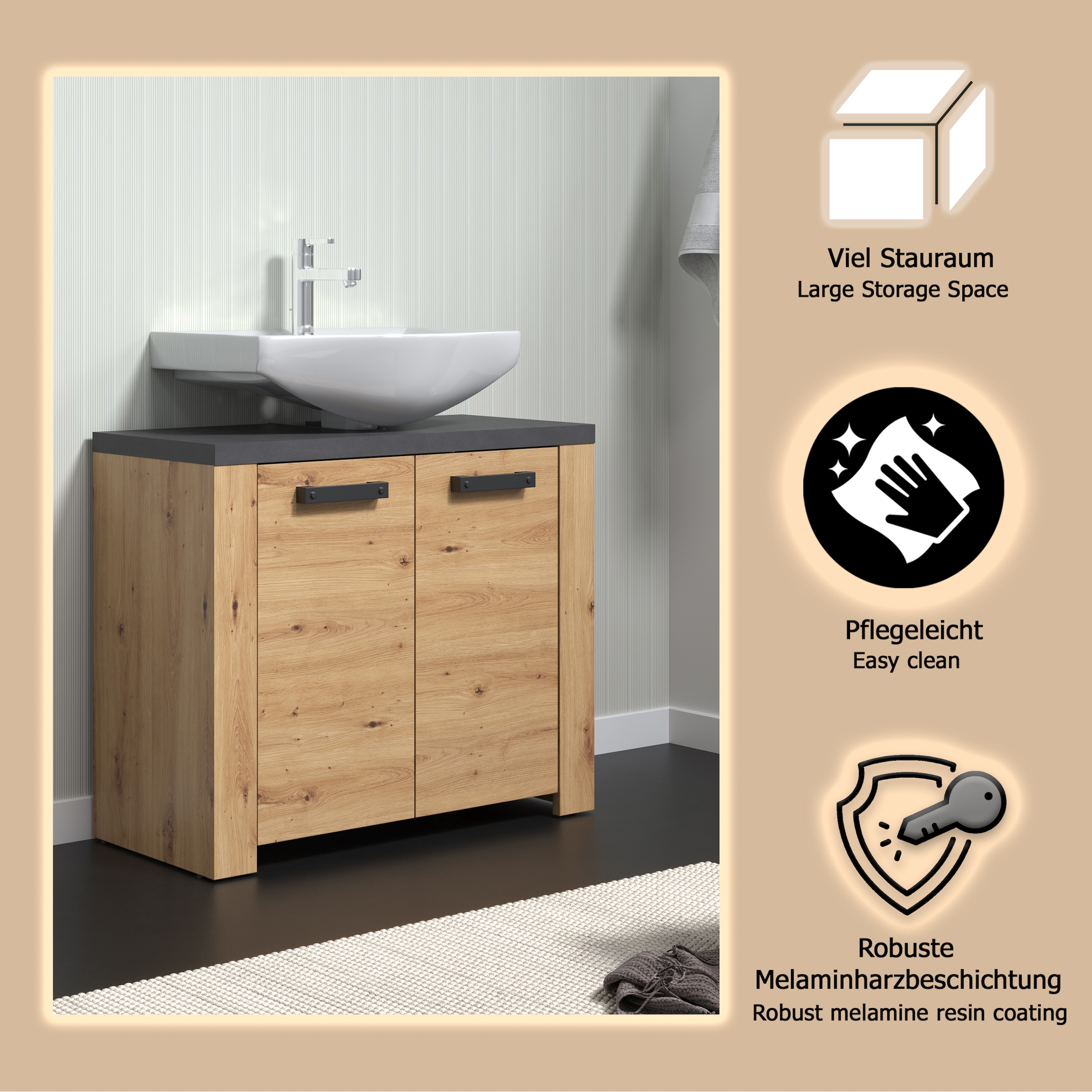 welltime Waschbeckenunterschrank »Ambres«, Waschbeckenunterschrank mit 2 Türen - (B/T/H) 79/35/67 cm