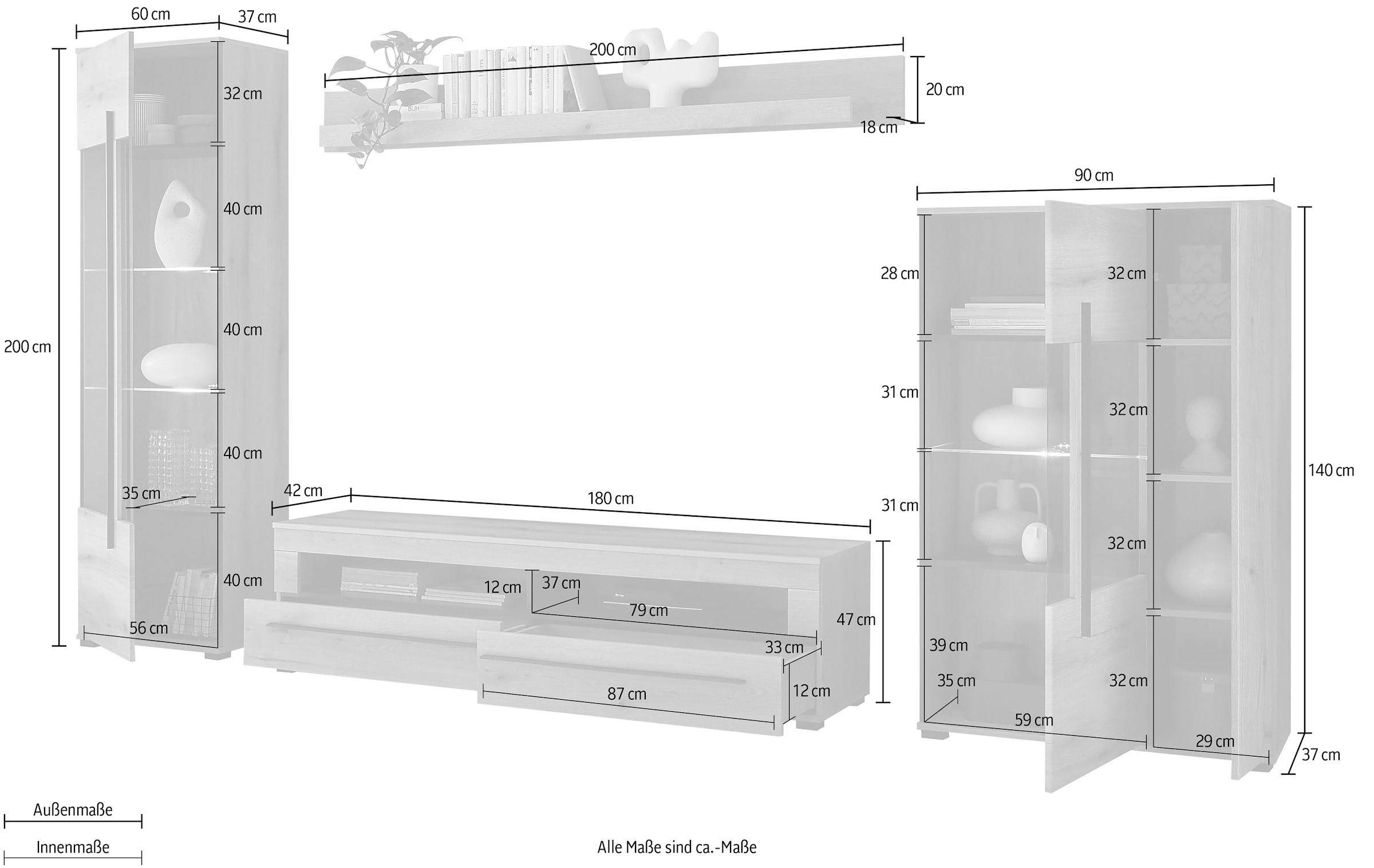 INOSIGN Wohnwand »Cantara, moderne Anbauwand, Wohnzimmer-Set, in Eiche Evoke oder Weiss«, (Set, 4 St.), enthält zwei Vitrinen, ein Lowboard und ein Wandboard