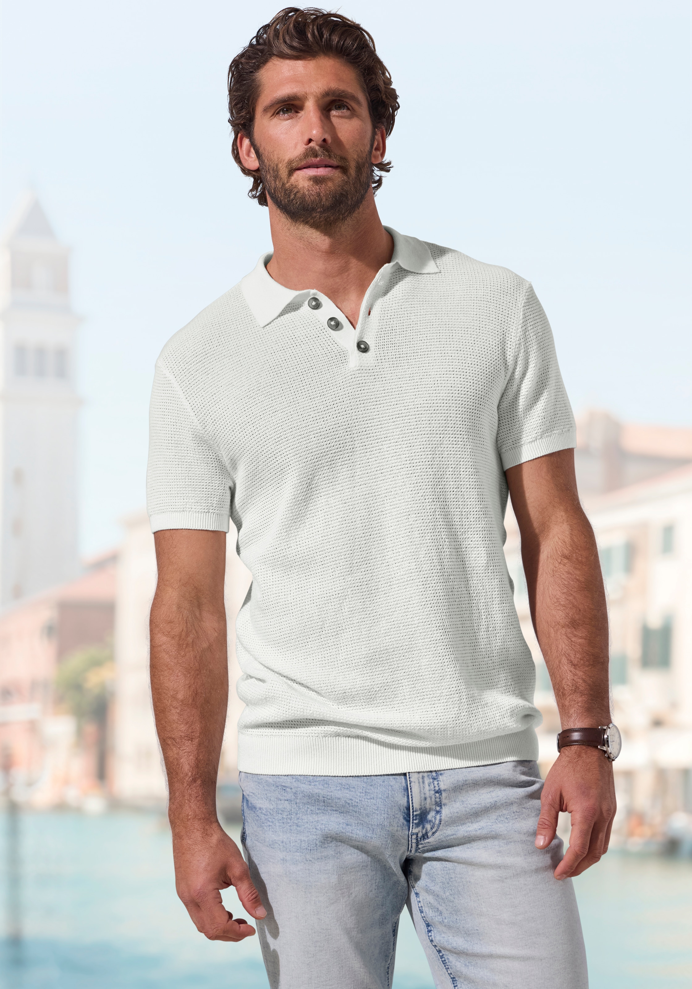 Image of John Devin Poloshirt "- sommerliches Strickshirt mit Polokragen" mit Polokragen und kleiner Knopfleiste