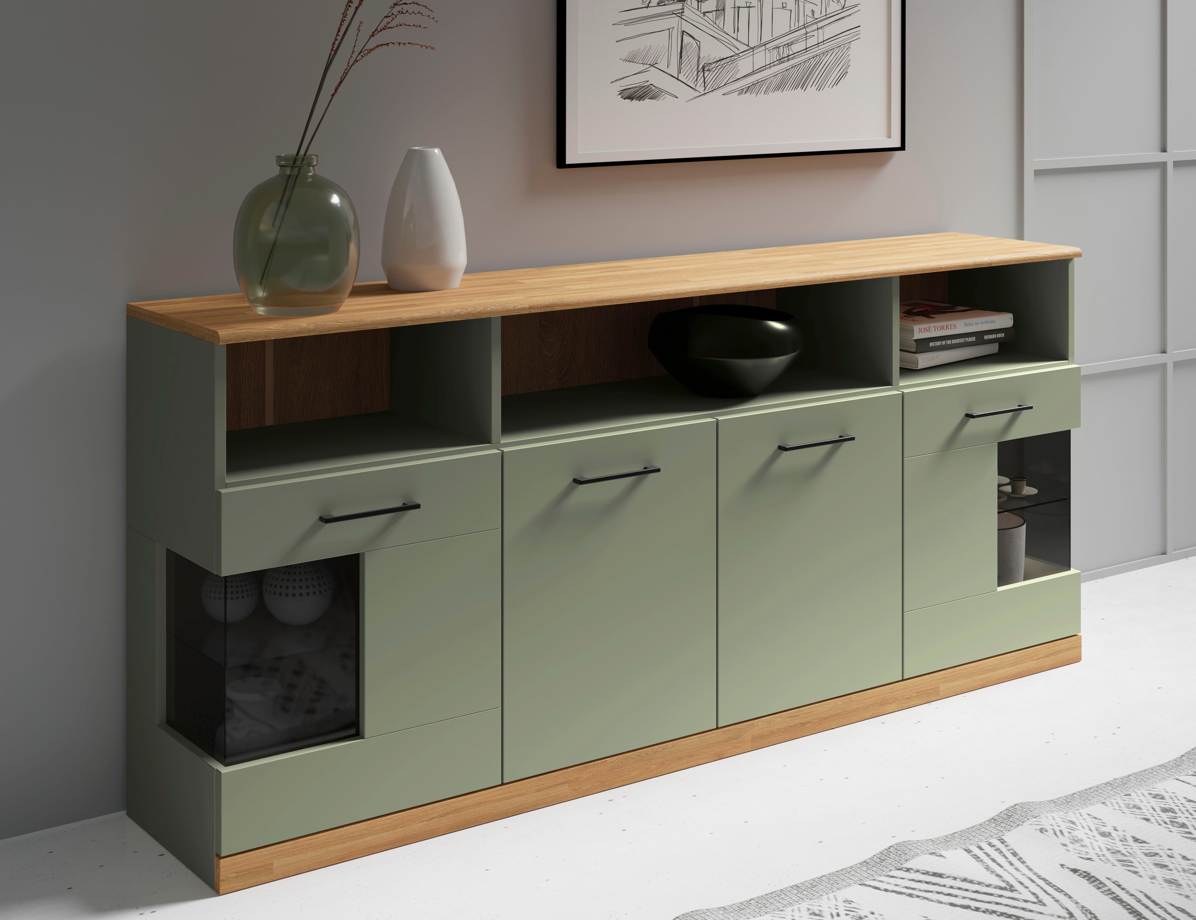 Image of GOODproduct Sideboard "Ribe,180cm breit,80cm hoch, 9 Fächer" Oberplatte Eiche massiv,schwarze Metall Griffe,2 Türen mit Glaseinsatz
