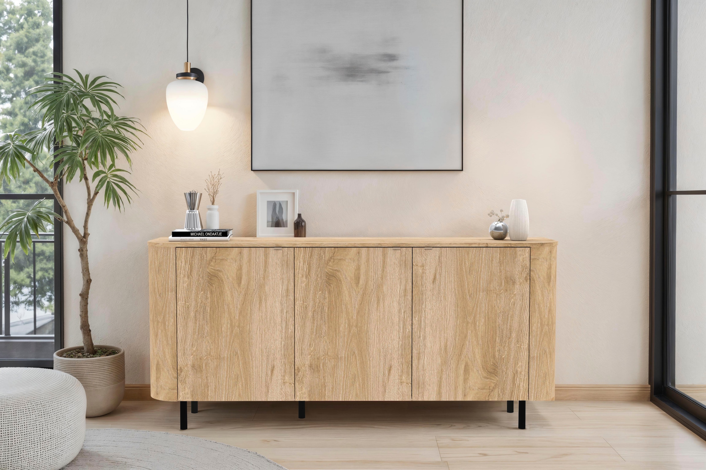 Home affaire Sideboard »Murano, 181 cm breit, 3 Türen, Anrichte, Kommode, Stauraumschrank« Formgebogenes MDF, Stirnseiten mit Rundung, Füsse und Griffe aus Metall