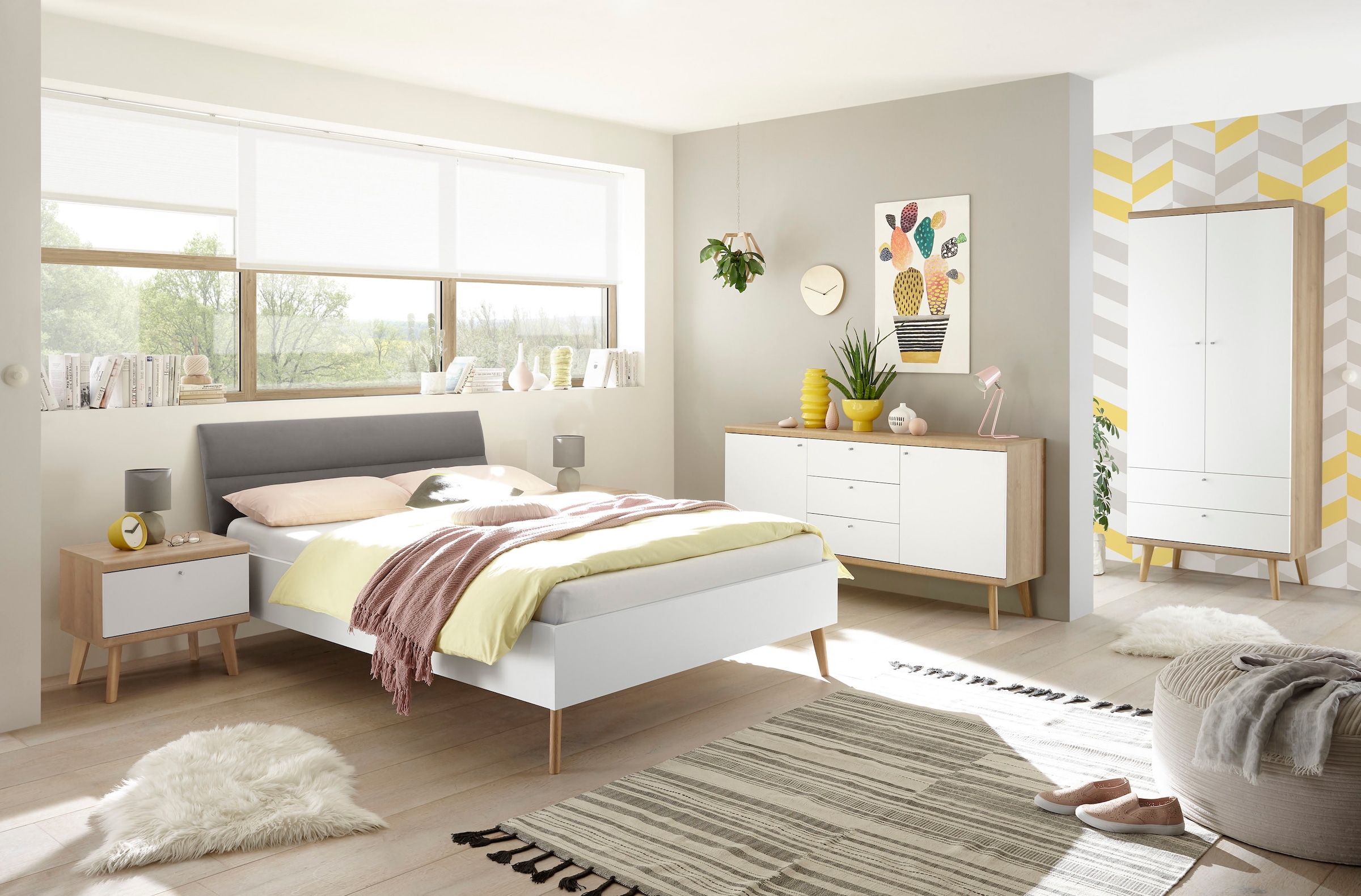 andas Einzelbett »MERLE Bett im skandinavischen Design, Bettgestell mit Massivholzfüssen«, Bettrahmen mit gepolstertem Kopfteil, Liegefläche 140 x 200cm