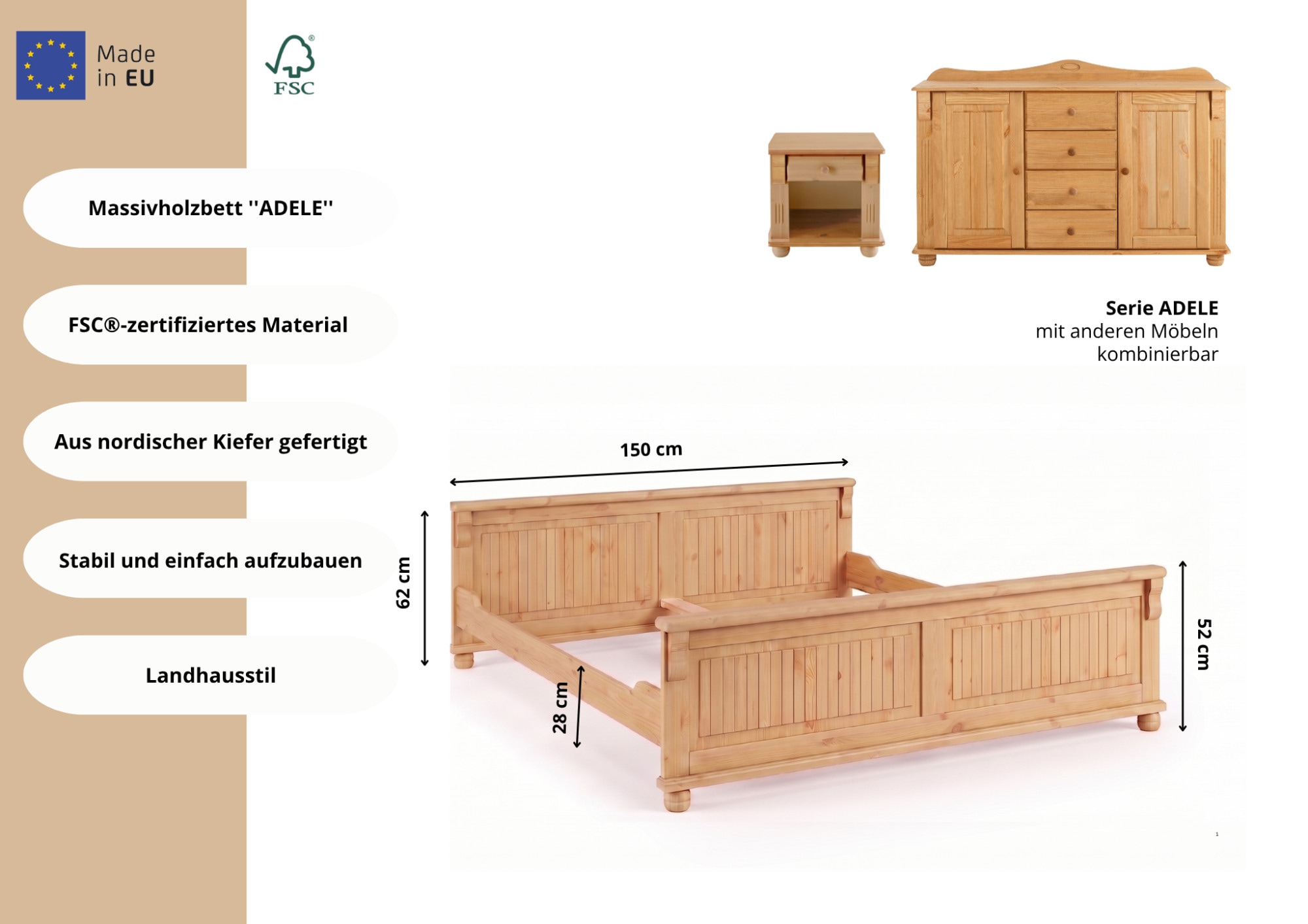 GOODproduct Massivholzbett »Adele« Breite 140 oder 180 cm, Landhausstil,  aus massiver Kiefer, schöne Kassettenoptik, Lamellenoptik