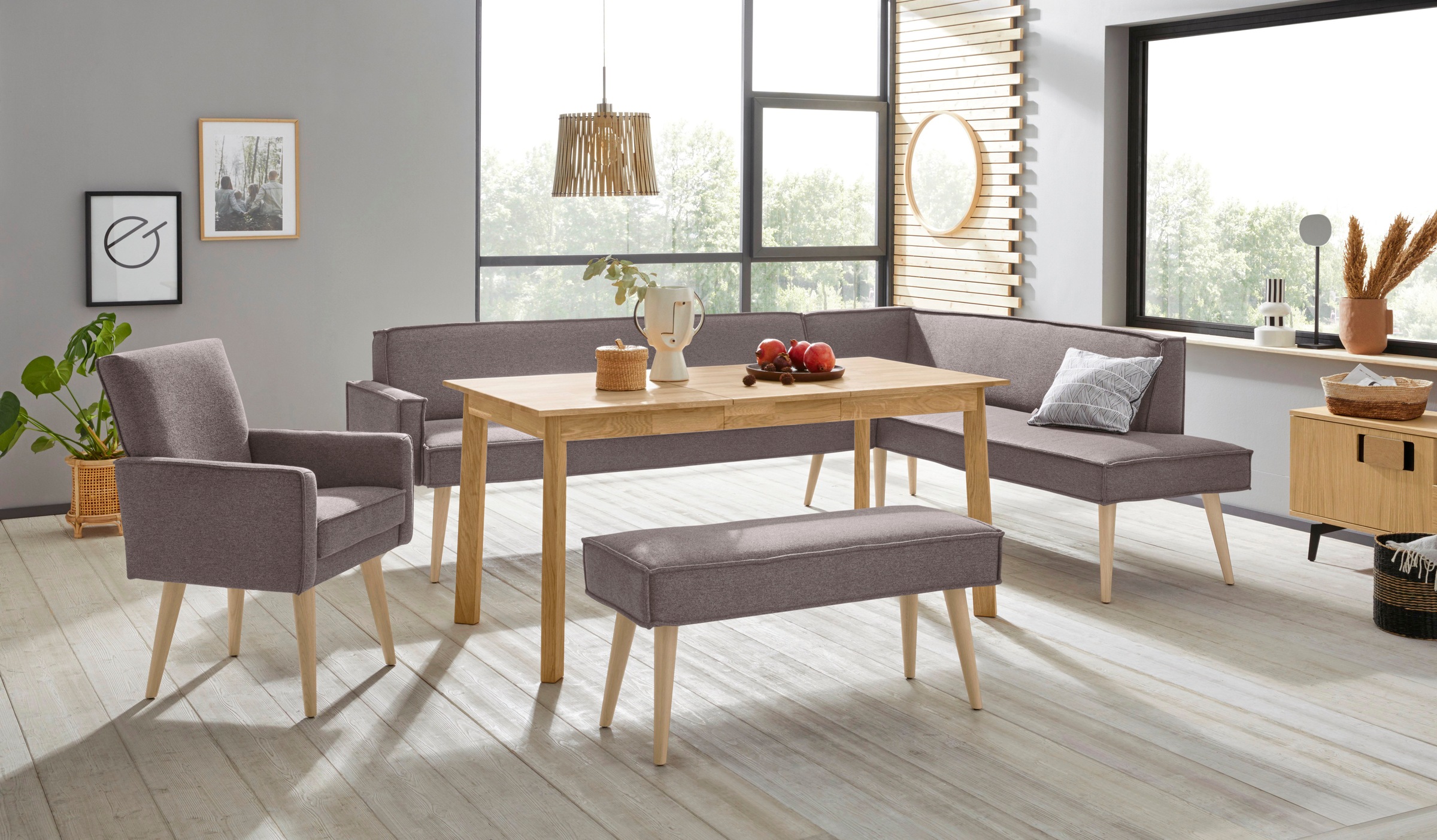 exxpo - sofa fashion Eckbank »Lungo, moderne Kedernaht, bequem und elegant, hoher Holzfuss«, hochwertige Detailverarbeitung, frei im Raum stellbar