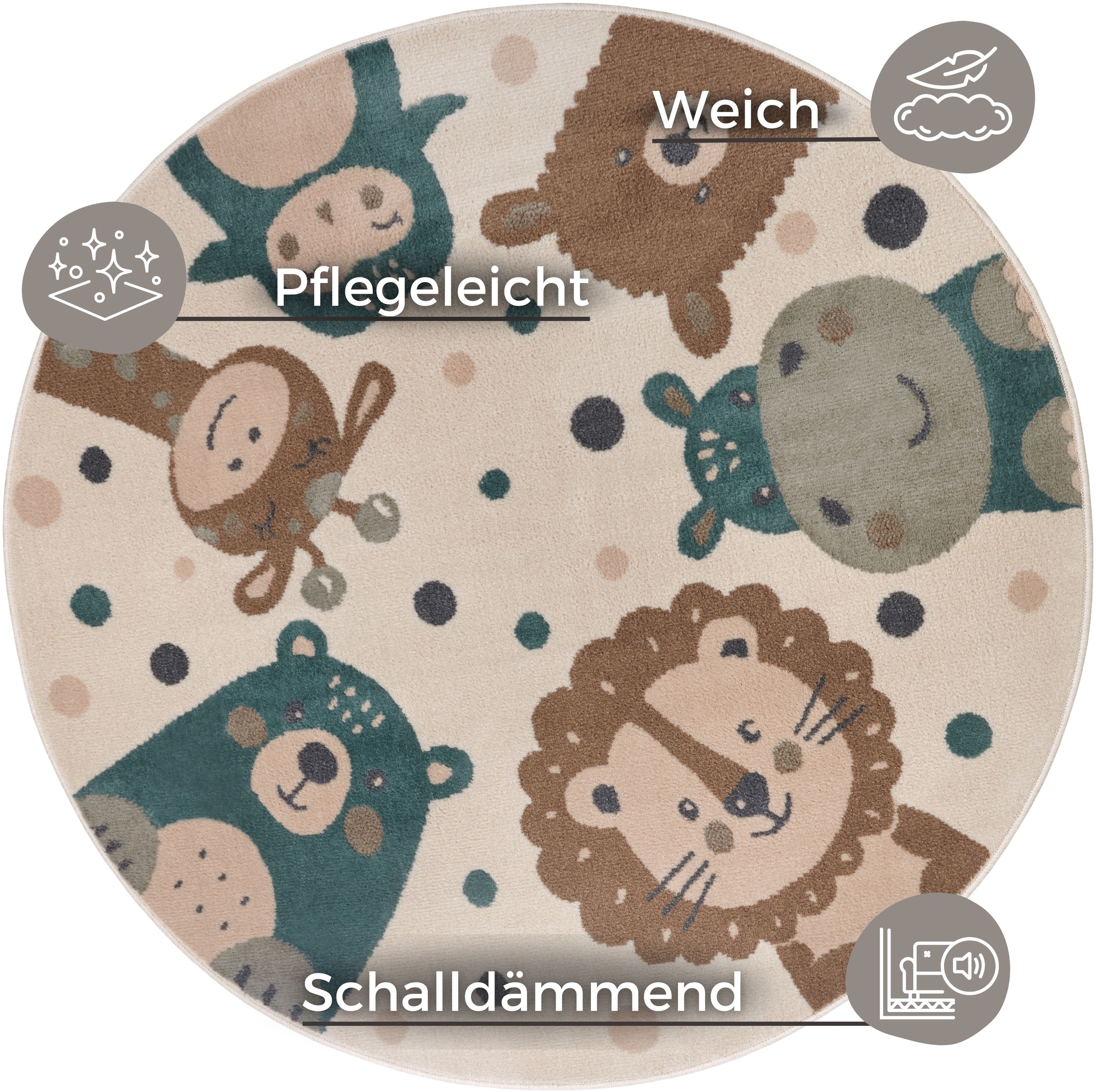 THE RUGS Adventures Animal Party Rug & Runner Kids Polypropylene Play Rug in Beige | Size: 100cm diameter