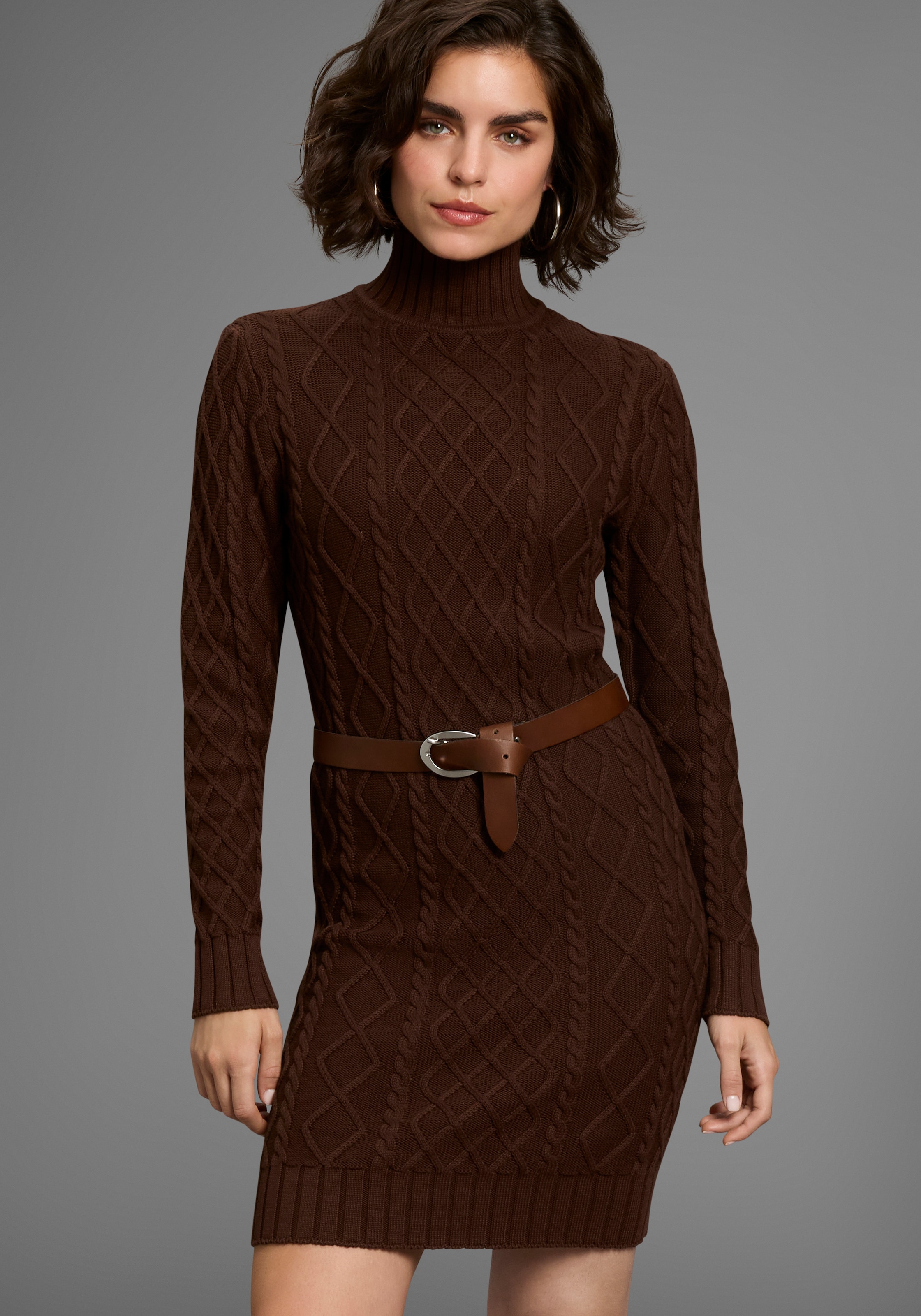 Image of Laura Scott Strickkleid mit Zopfstrickmuster und Stehkragen