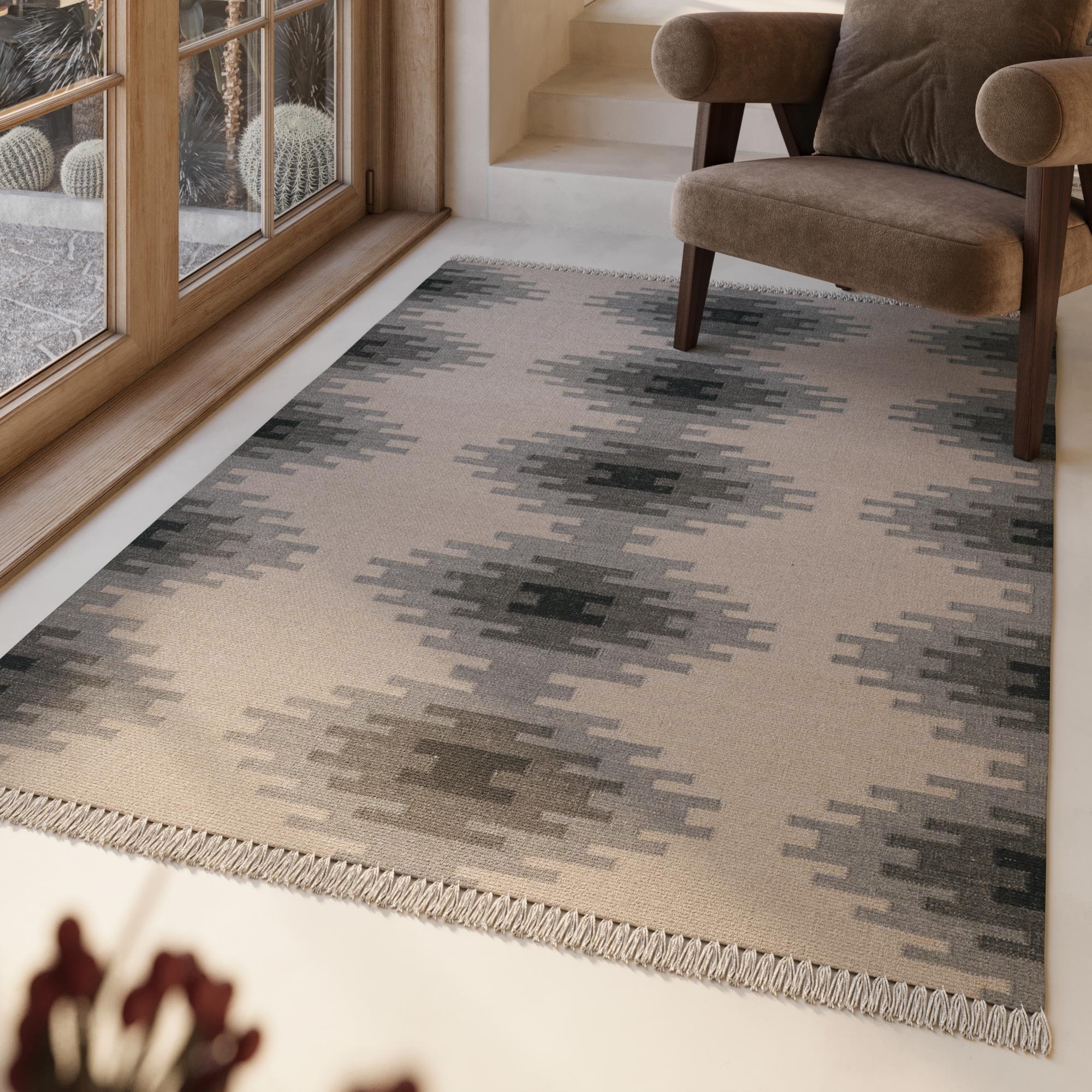 Green Looop Wollteppich »Belle« rechteckig 5 mm Höhe Fransen, Kelim, handgewebt, Natur, Wohnzimmer, Schlafzimmer, Raute