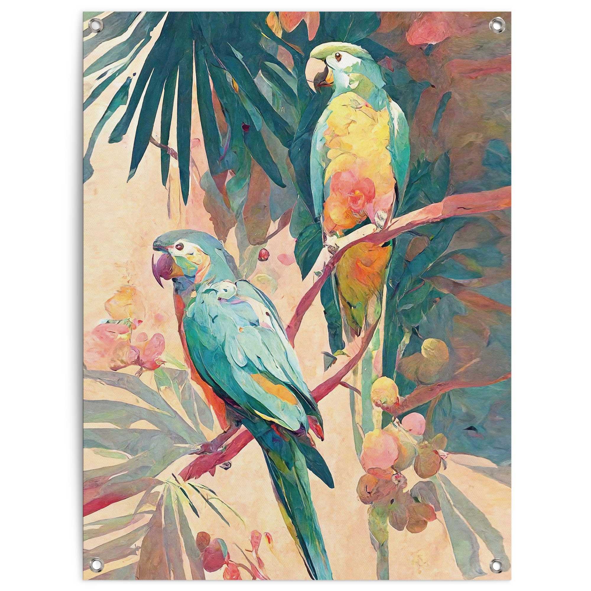 Image of Reinders Poster "Bird Party" Garten - Papagei - Ara - Farbenfroh - Grün - Leinwand - Tiere -