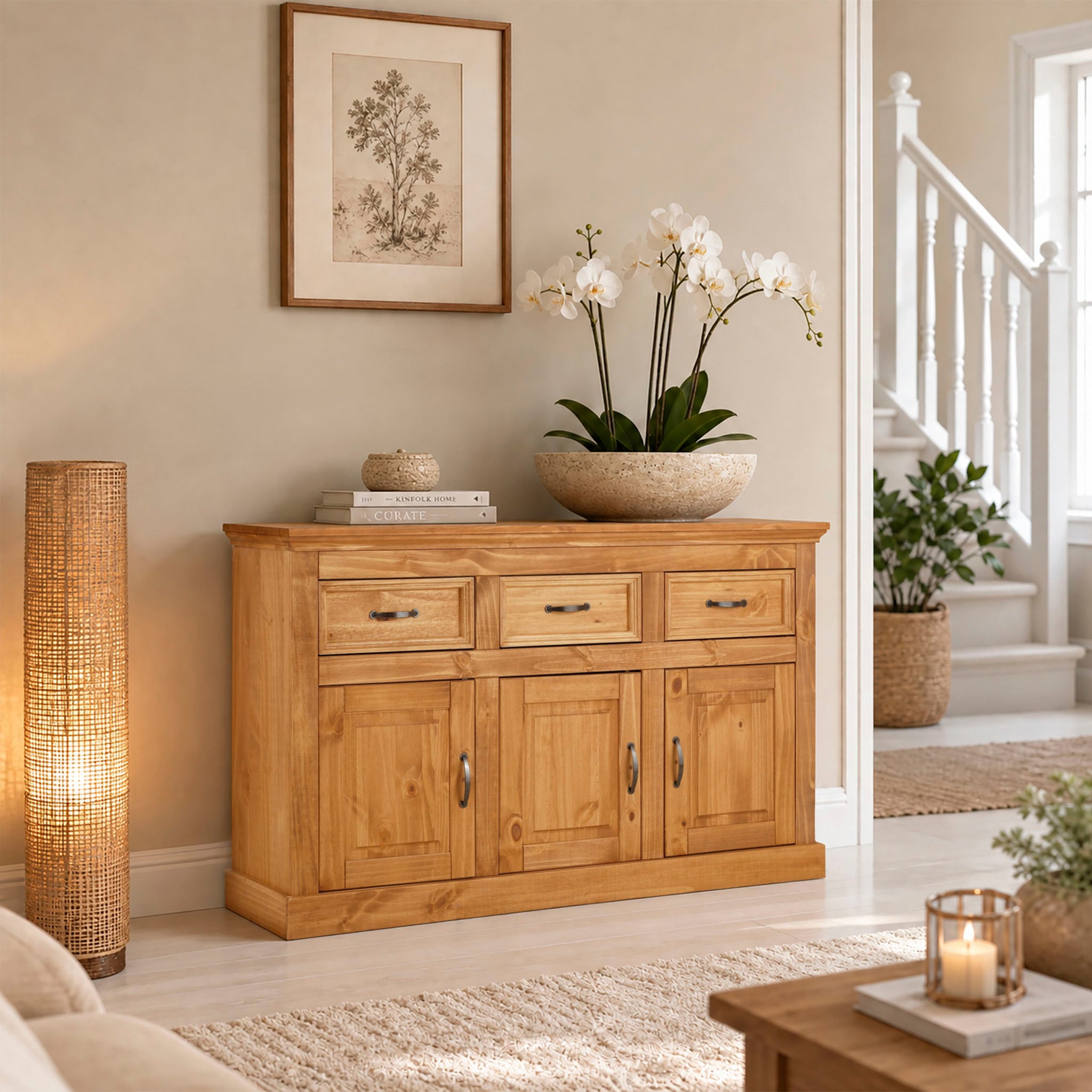 GOODproduct Buffet »Selma Kommode mit 3 Türen, 3 Schubläden und 6 Fächer, Metallgriffe« en bois massif de pin, 3 planchers insérés, avec rainures décoratives