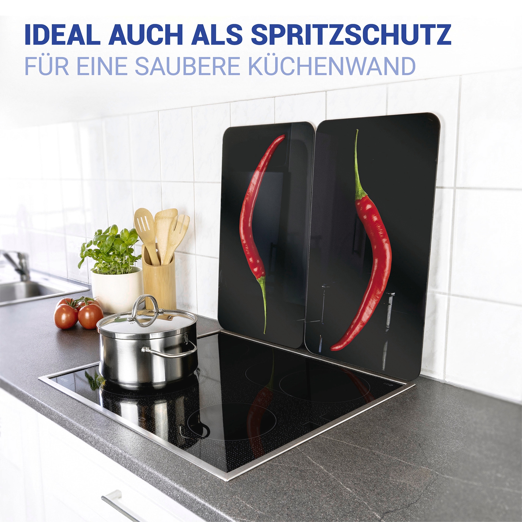 WENKO Herd-Abdeckplatte »Universal Modell Hot Peperoni«, (Set, 2 tlg.), Herdabdeckung für alle Herdarten, kratzfest, mit rutschfesten Füssen