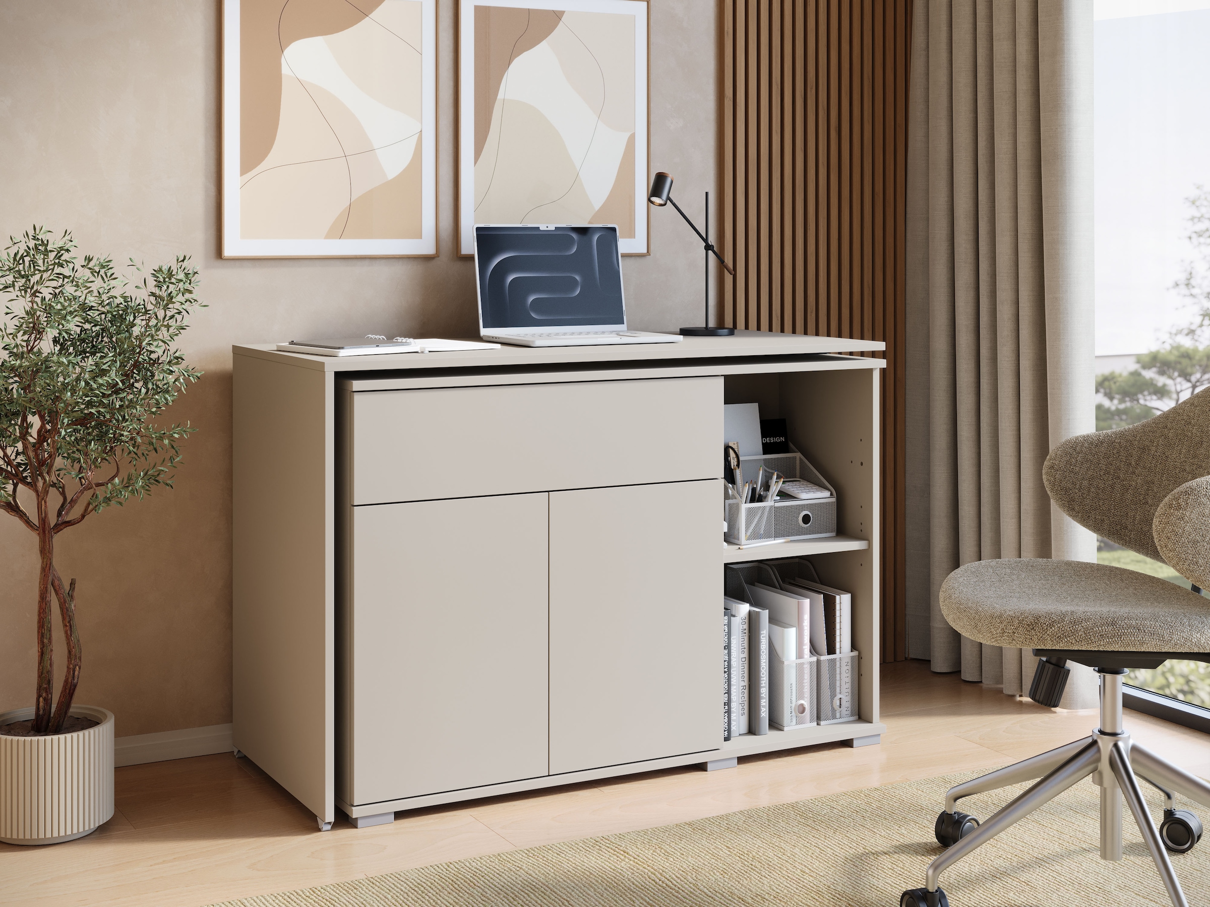 GOODproduct Schreibtisch »Kenia mit drehbarer Tischplatte 90°/180°, B/H/T: 109,5/75/50 cm« 1 Stk. tlg. Schublade & Türen mit Push-to-open, 2 höhenverstellbare Böden