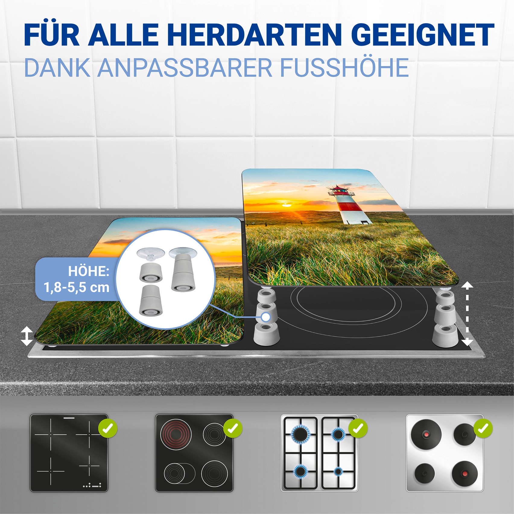 WENKO Herd-Abdeckplatte »Universal Modell Leuchtturm«, (Set, 2 tlg.), Herdabdeckung für alle Herdarten, kratzfest, mit rutschfesten Füssen
