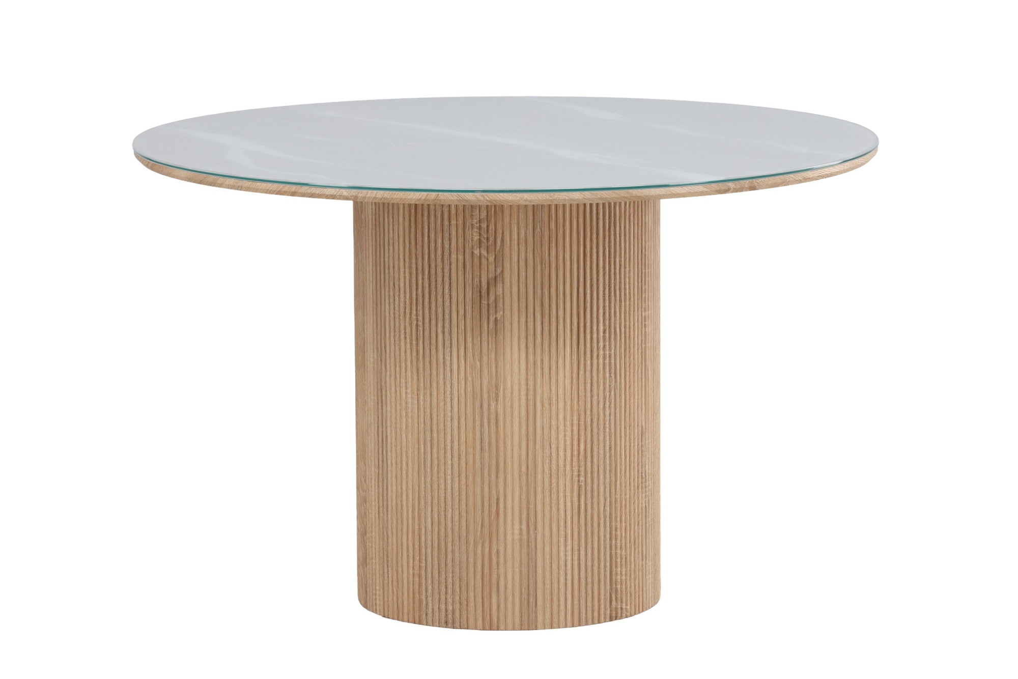 Venture Home Esstisch »Härön, runder Esstisch Ø 120 cm mit Glasplatte und Holzfuss, FSC« Esszimmertisch, transparente Platte, MDF-Mittelfuss, gerippt, hell