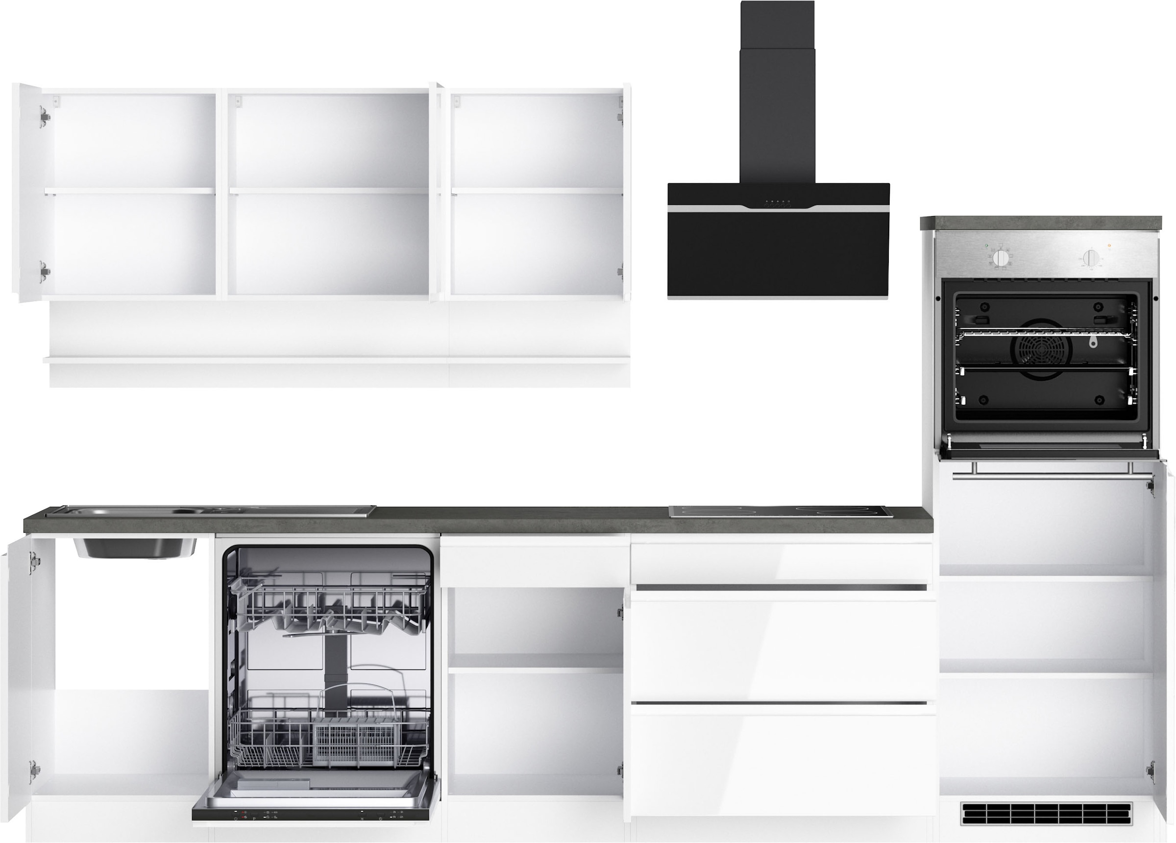KOCHSTATION Kitchenette »KS-Virginia,neu in verbesserter Ausführung« plan de travail épaisseur 38 mm, rangement, fermeture douce,  largeur 300 cm, fermeture douce, avec appareils électriques en option