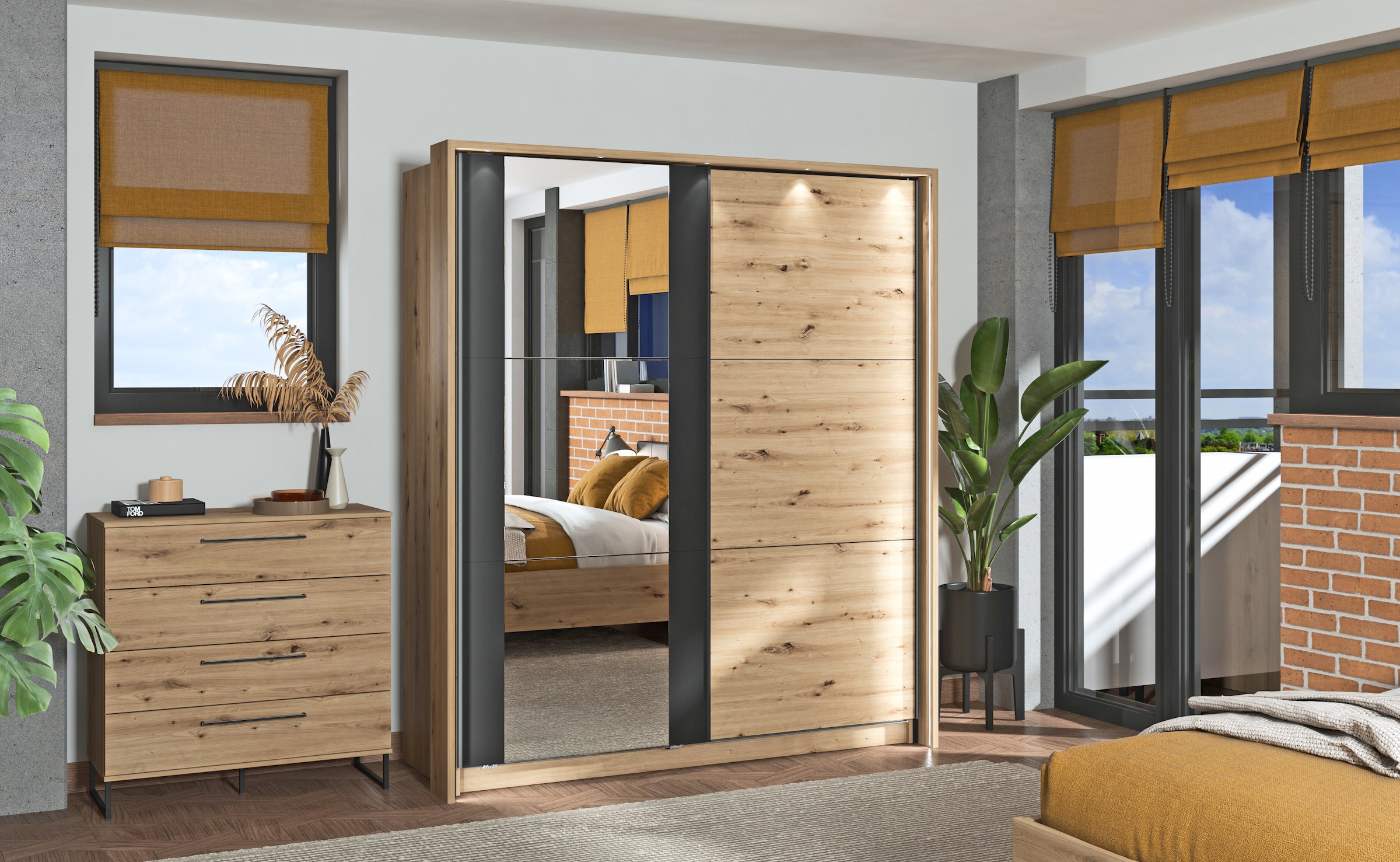 INOSIGN Schwebetürenschrank »Sardinia, Kleiderschrank mit Spiegel, Made in Europe«, viel Stauraum durch grosszügige Innenausstattung, 170 oder 262cm breit