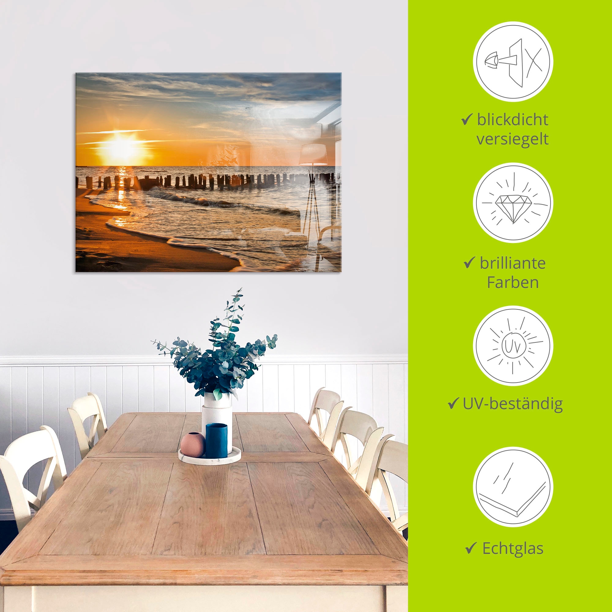 Artland Glasbild »Schöner Sonnenuntergang am Strand« Strand 1 Stk. tlg. in verschiedenen Grössen