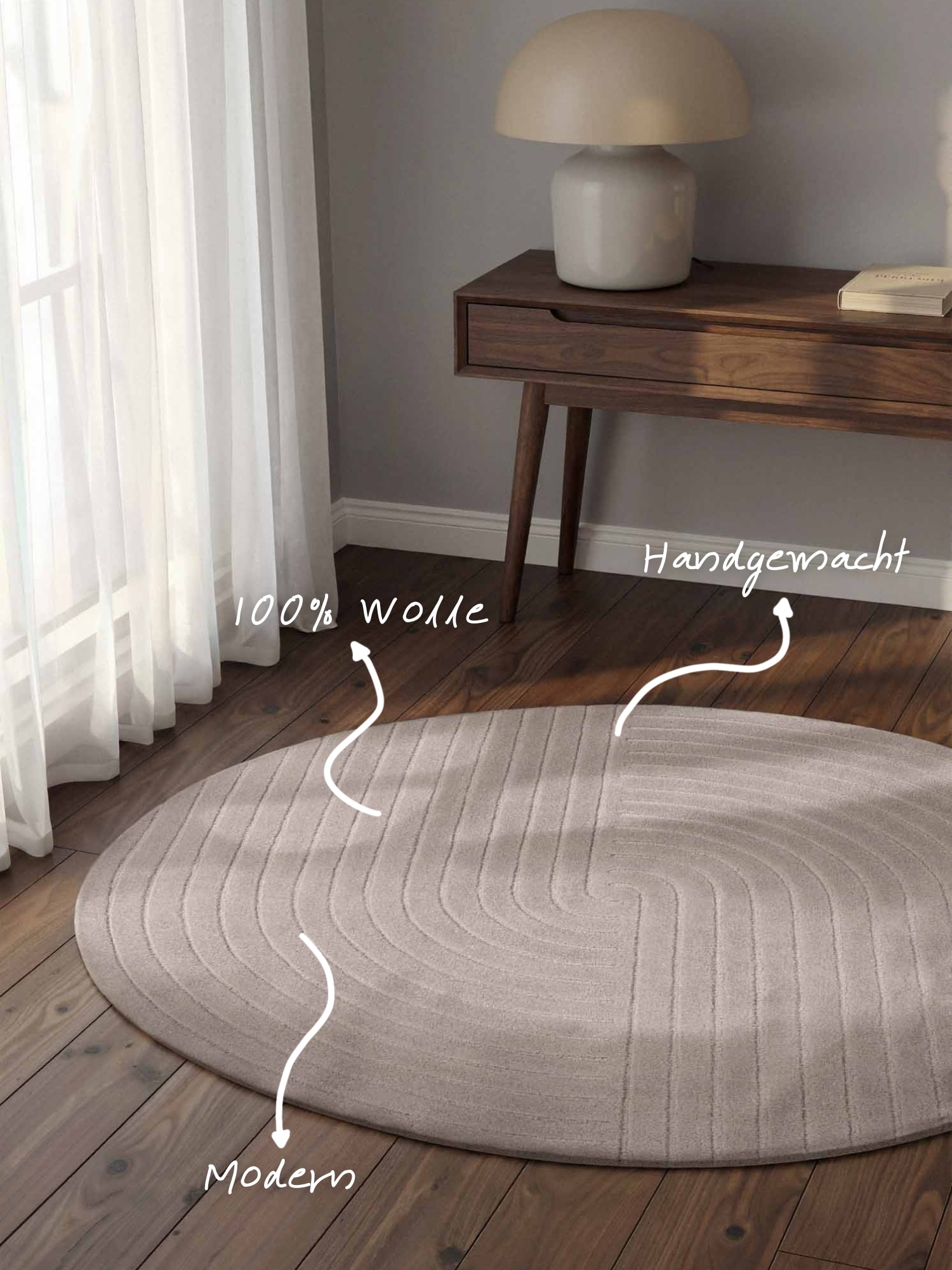 vikosa Tapis en laine »Arcura« Rond 15 mm Höhe Laine fait main, effet relief, design géométrique en lignes ondulées