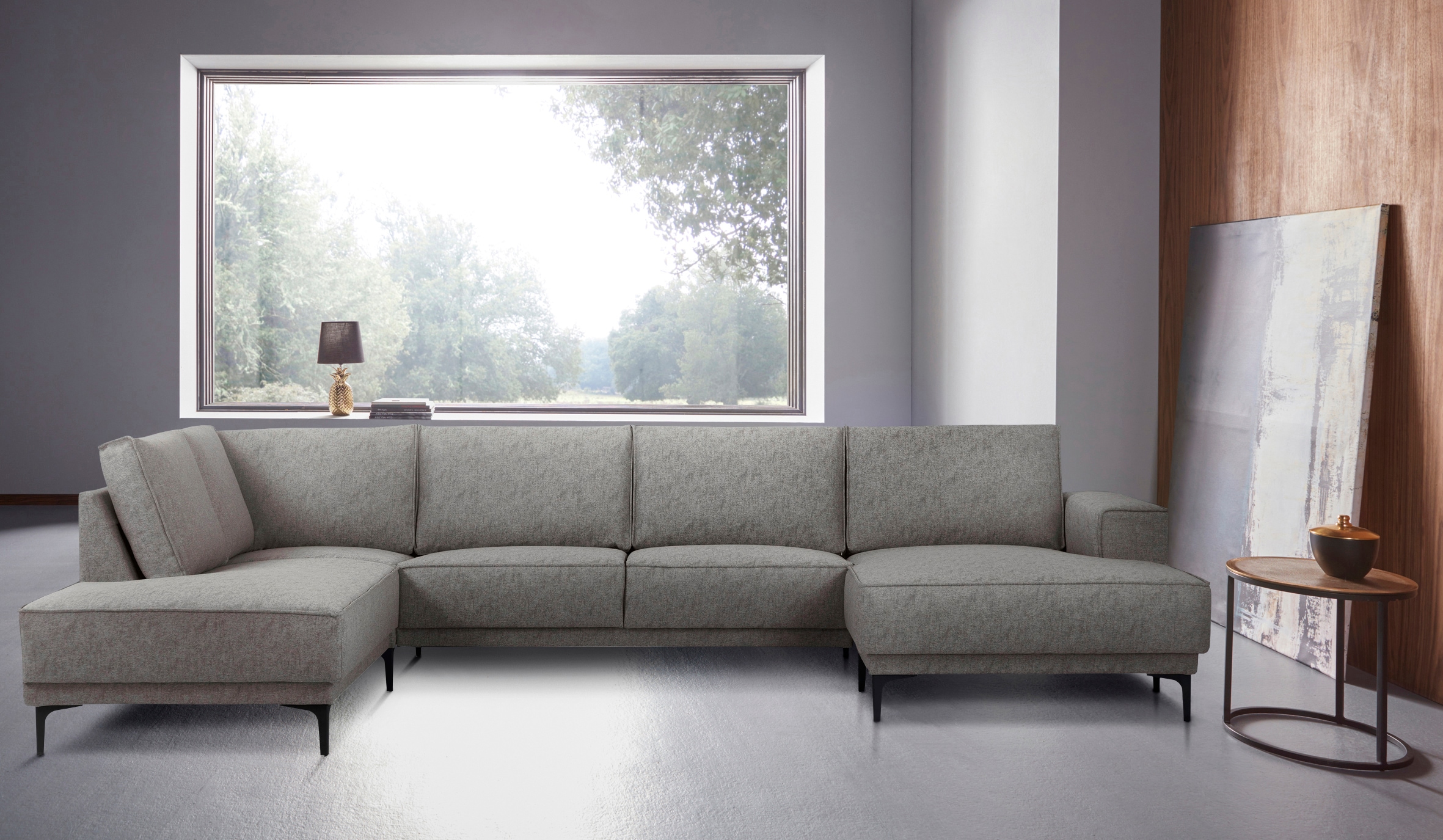 Places of Style Wohnlandschaft »XXL Sofa Oland, Struktur, Flachgewebe, Luxus-Microfaser, Boucle«, U-Form, 345 cm, Wellenunterfederung, Skandi-Design, Metallfüsse