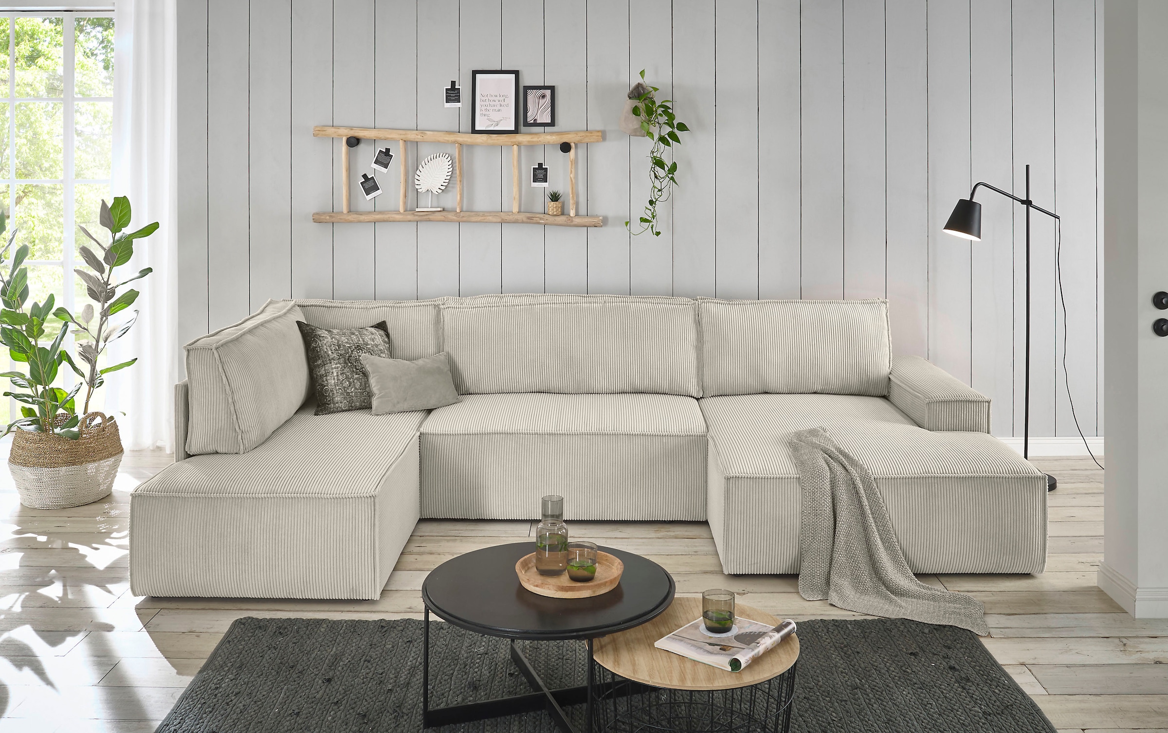 Home affaire Wohnlandschaft »SHERWOOD 329 cm, U-Form, Schlafsofa,«, Schlaffunktion m. Bettkasten (194x139 cm), Cord, Vintage, Samtvelours