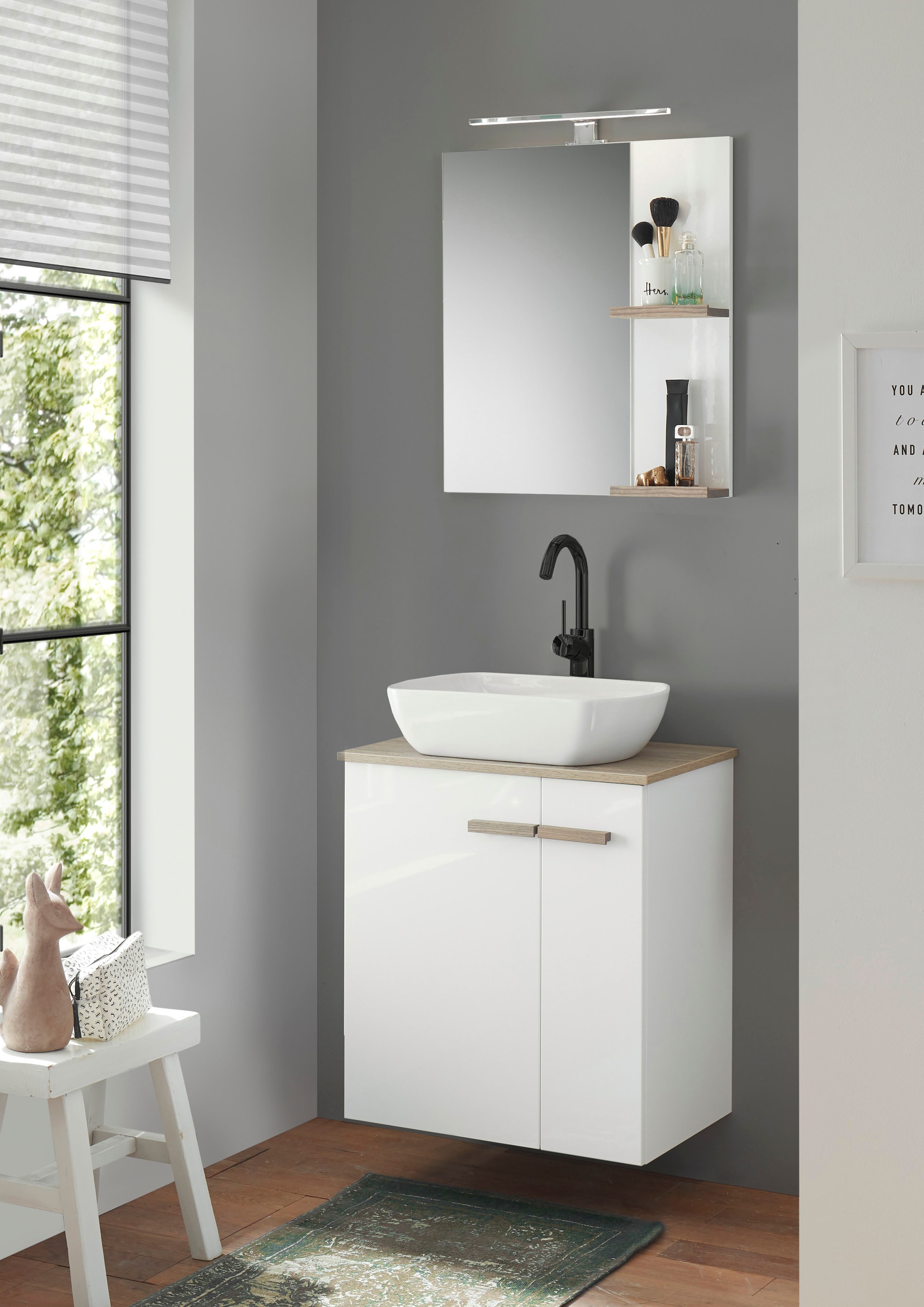 Places versandkostenfrei Aufsatzwaschbecken, »SOLiD«, cm, Waschtisch Style mit of mit 60 auf Breite Spiegel Badmöbel-Set (2 St.), LED