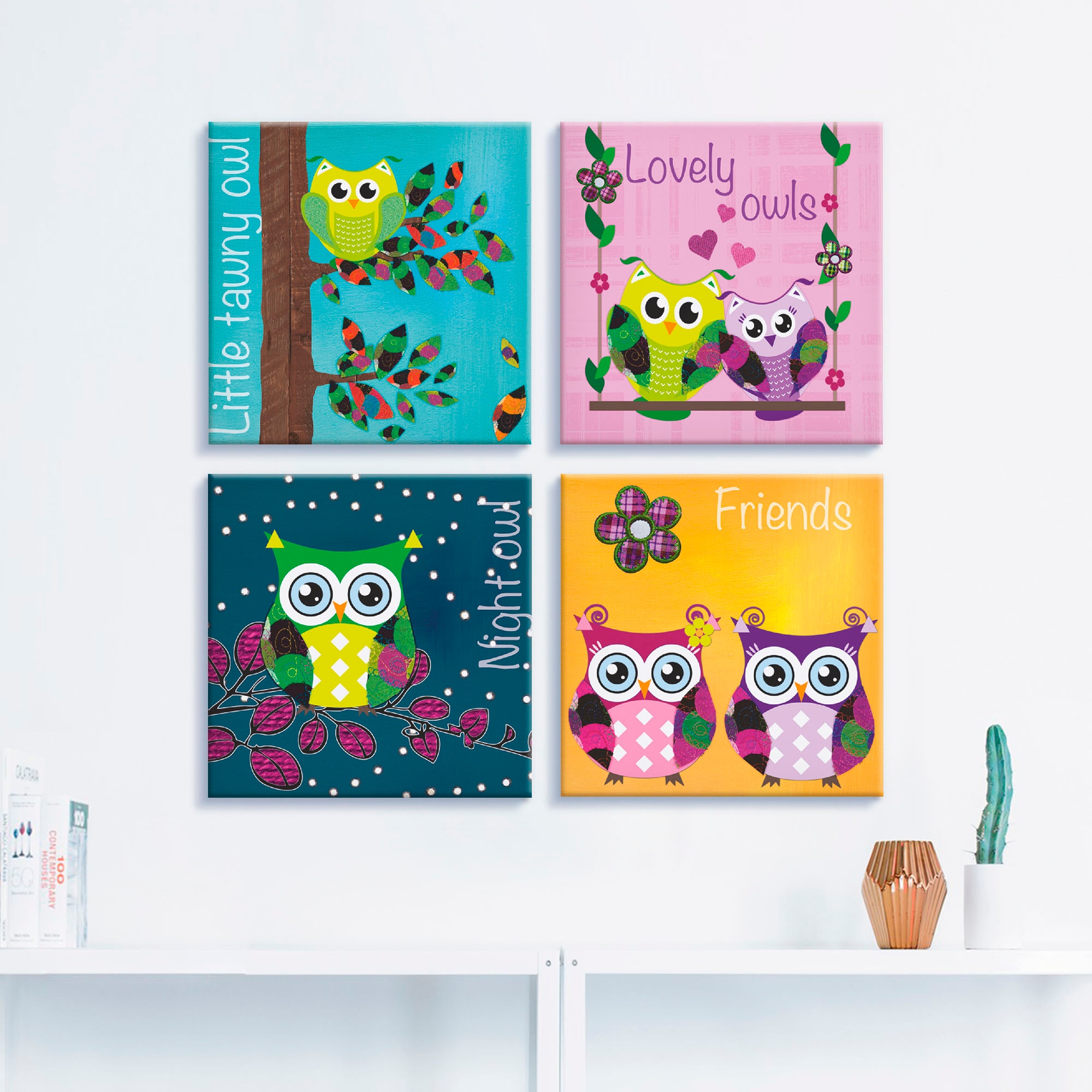 Artland Leinwandbild »Eulen«, Vögel, (4 St.), 4er Set, verschiedene Grössen
