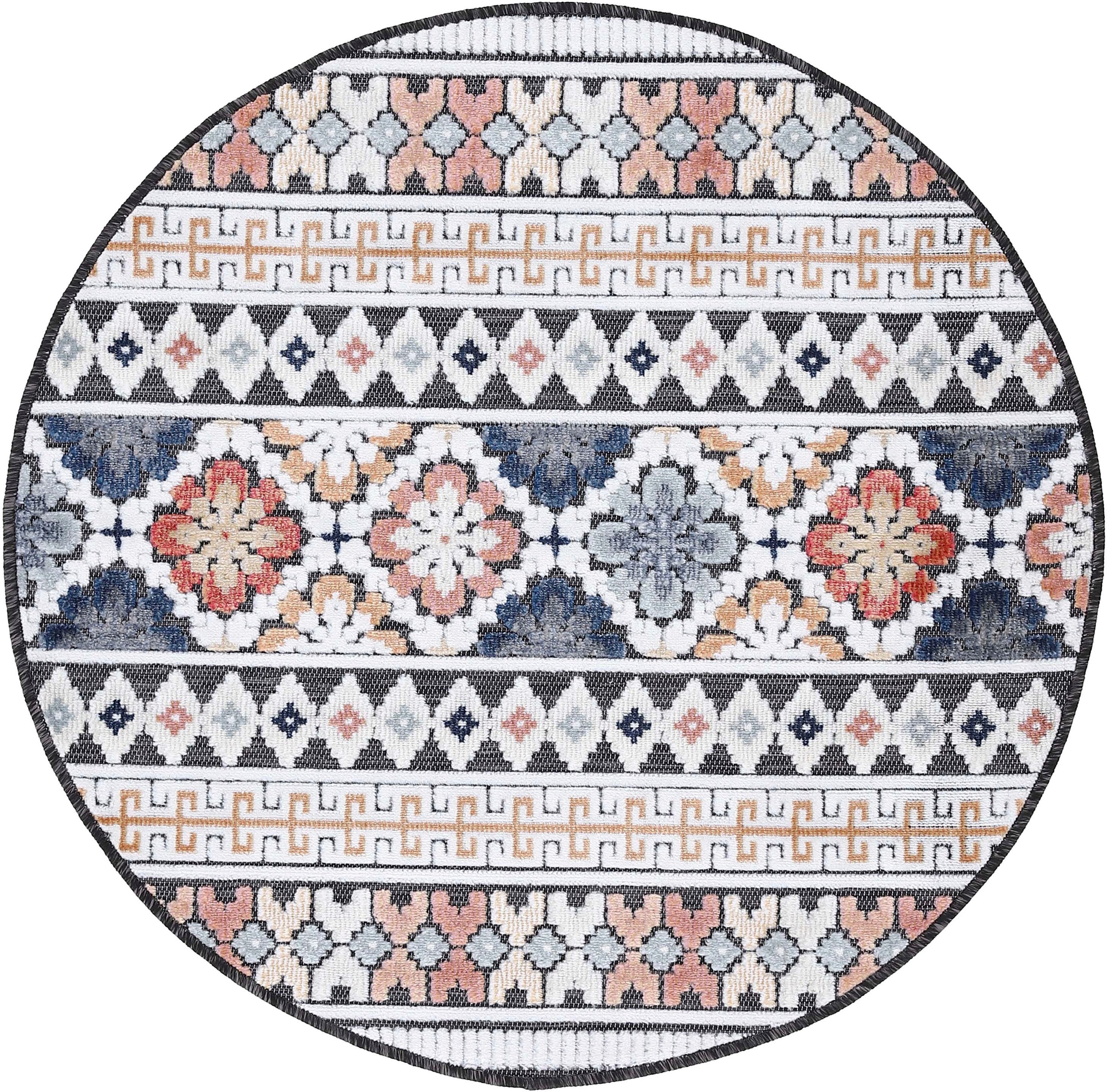 Image of carpetfine Teppich "Deja 103" rund 4 mm Höhe robustes Flachgewebe, Motiv- Floral Palmenblätter, Hoch-Tief Effekt