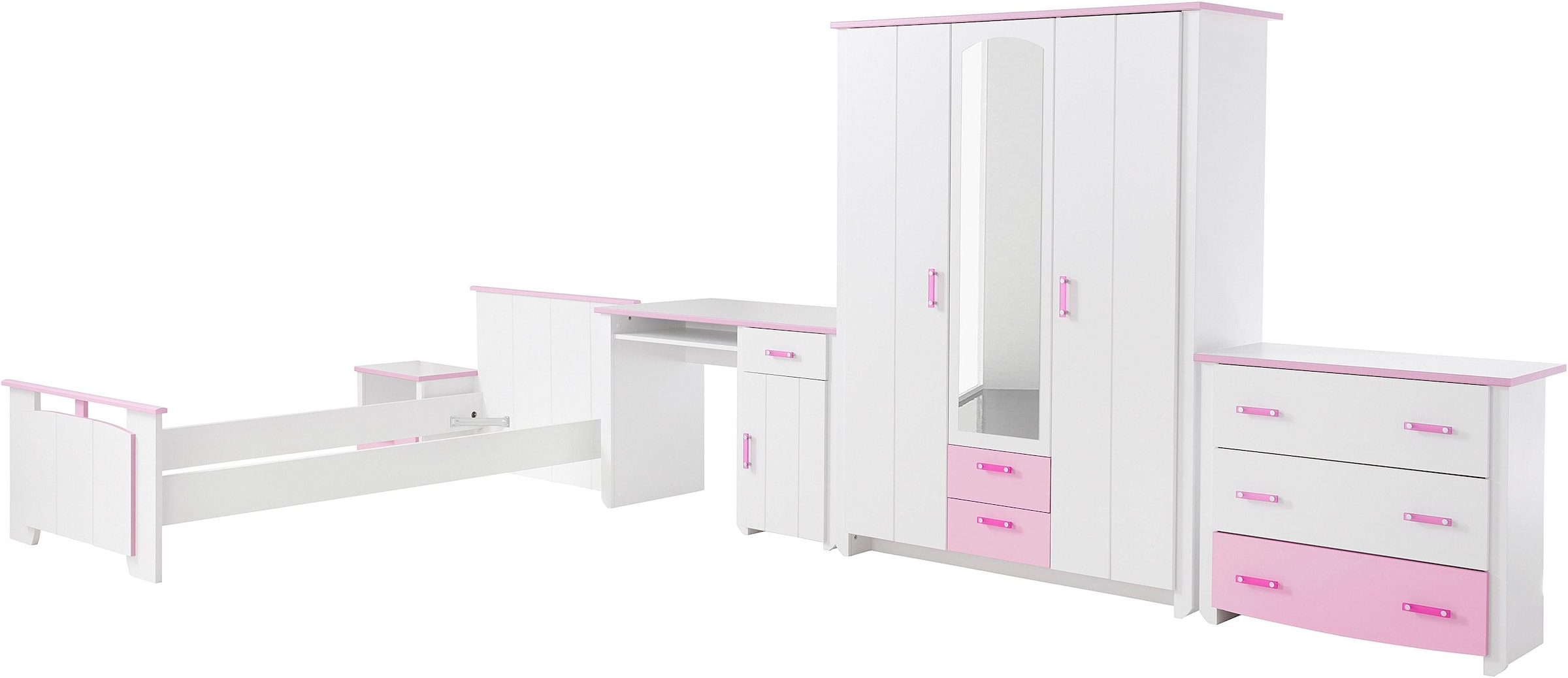 Parisot Jugendzimmer-Set »Biotiful«, (Set, 4 St., Bett, Nachttisch, Schrank, Kommode, Schreibtisch), mit 3-trg. Kleiderschrank